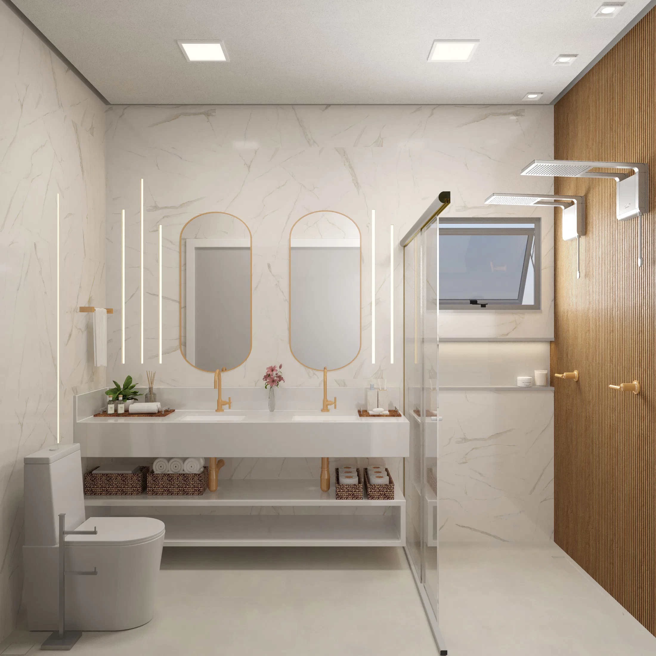 Bathroom with a double vanity, two brass-framed arched mirrors, wicker baskets under the counter and a shower with a wood-look door