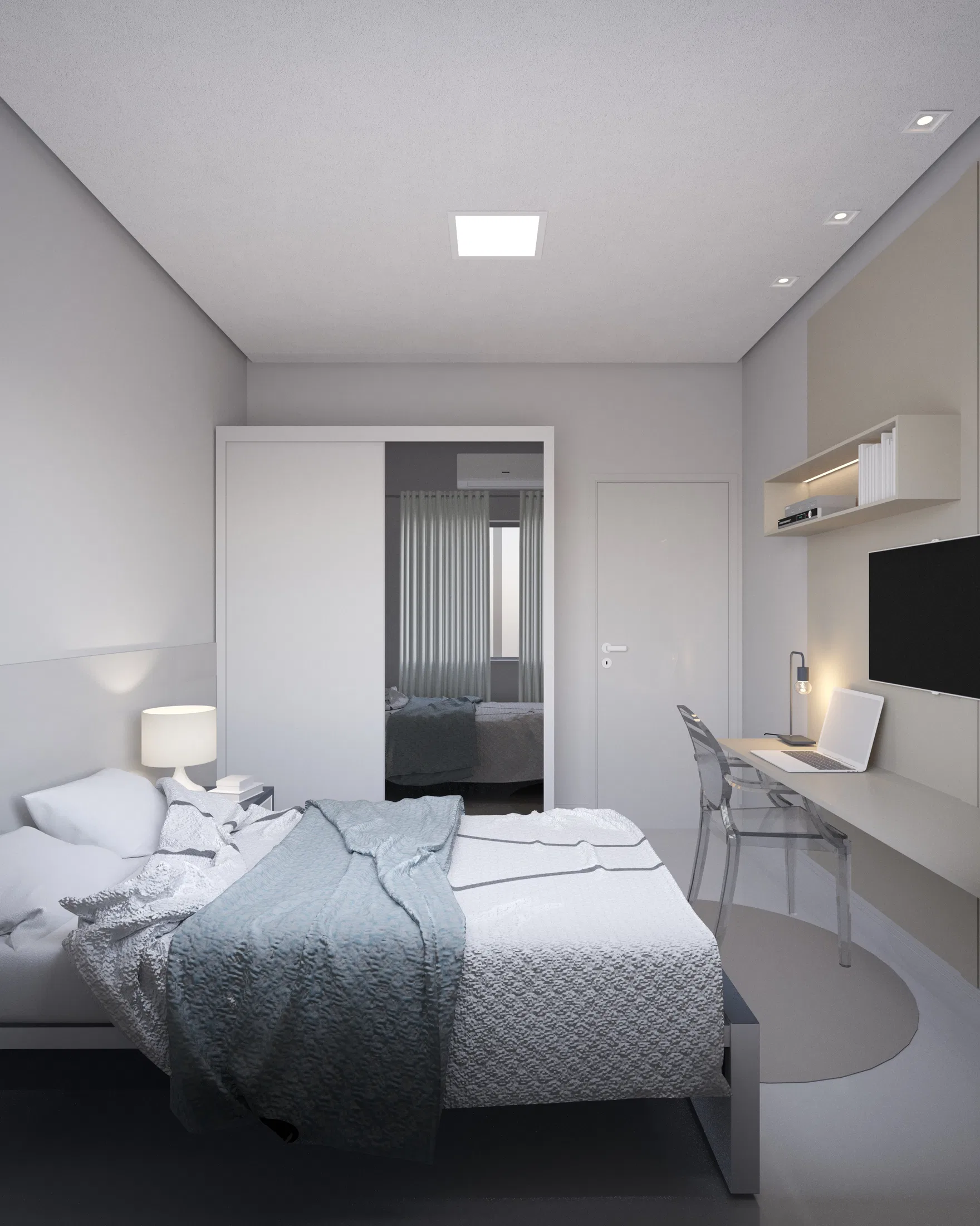 Minimalist gray bedroom with a double bed, a study desk, a clear acrylic chair and a mirrored-door wardrobe