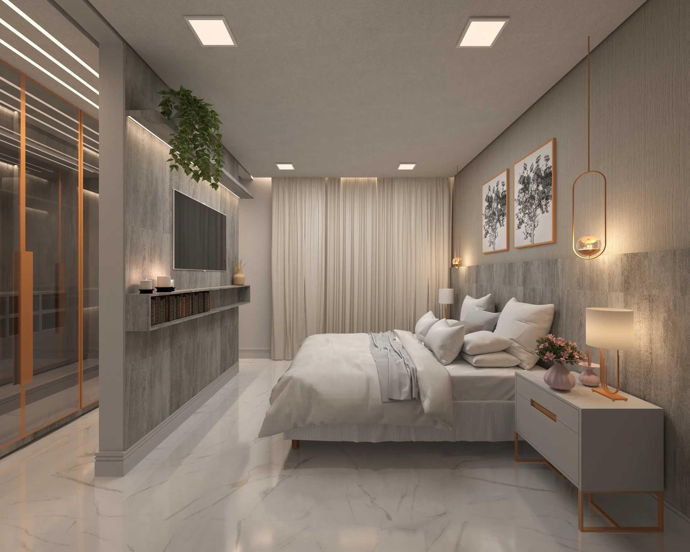 Bedroom in warm tones with an upholstered headboard, sheer curtains, gold-framed floral artwork and pendant lamps beside a dresser