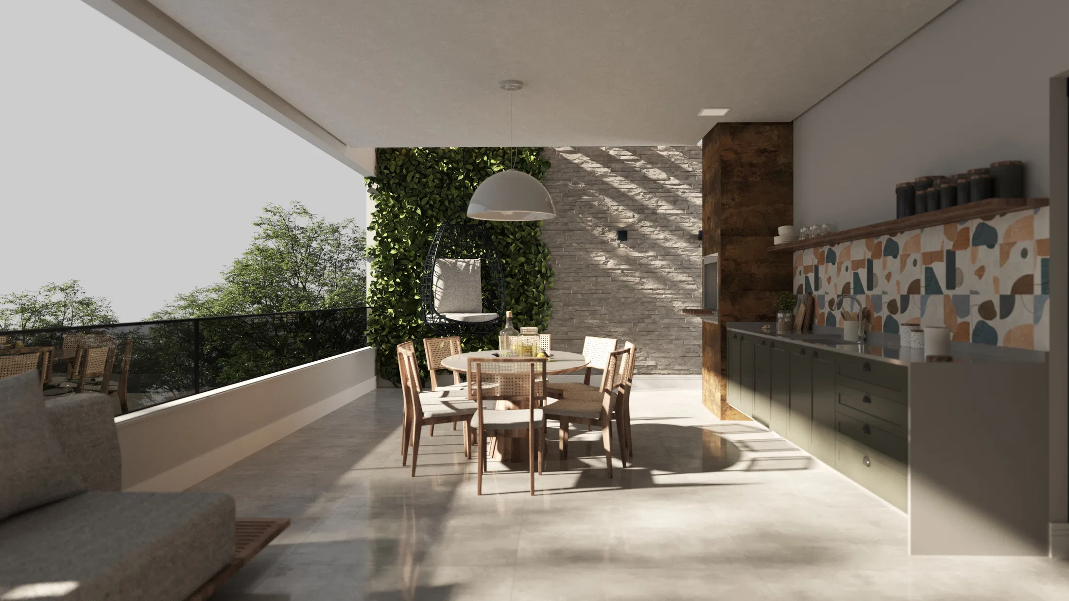 Hanging chair framed by a living green wall, beside a stone accent wall and a stone-clad barbecue under a wood structure
