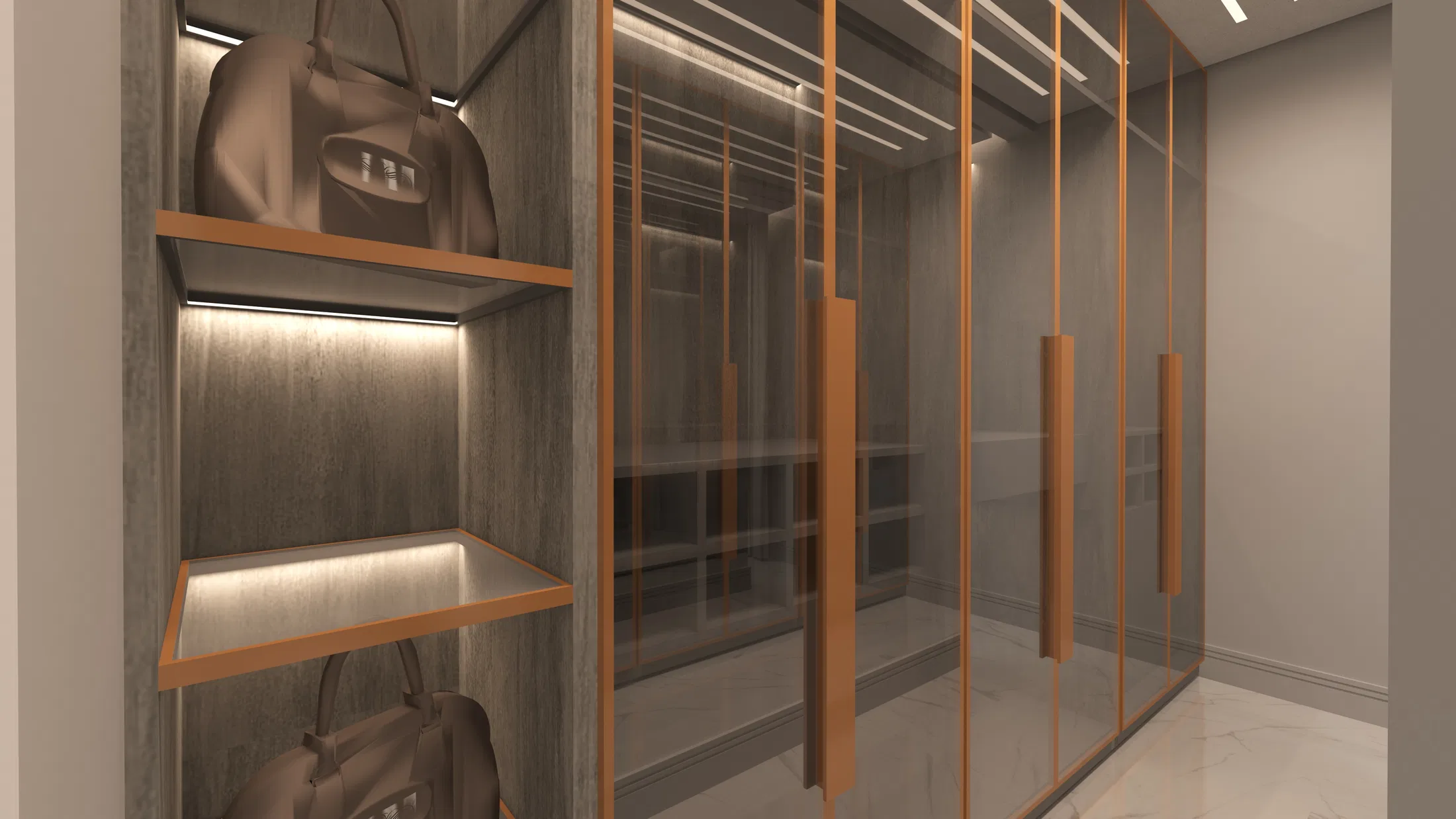 Walk-in closet with brass-framed glass doors and lit shelves displaying leather bags
