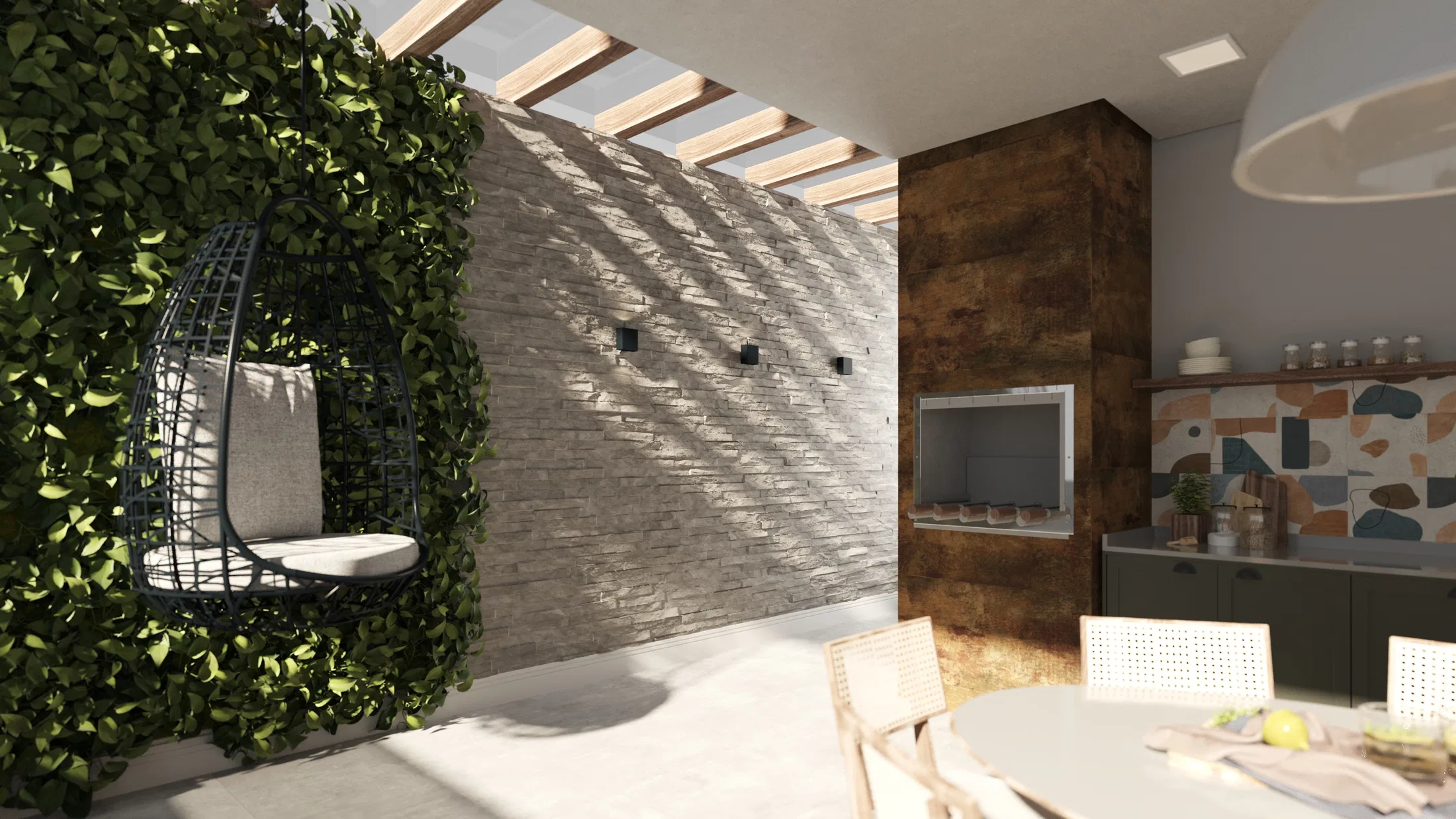 Gourmet balcony from a wide angle, a hanging chair among foliage, a stone barbecue and a set table with a fruit bowl