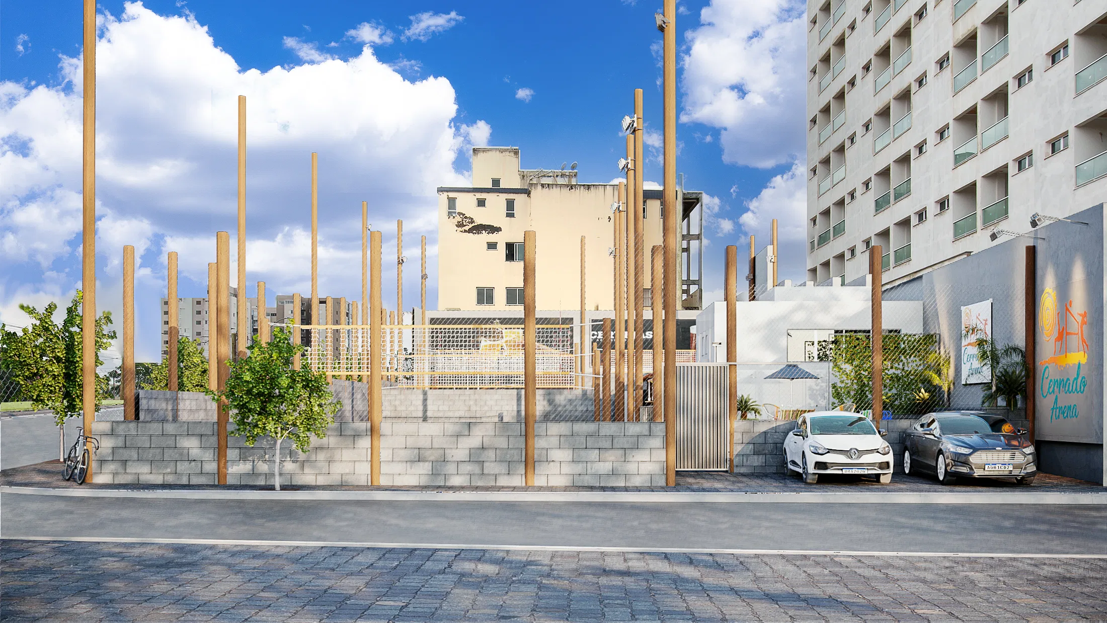 Street-facing entrance elevation, with a wall crowned by wooden posts of varying heights, trees, a bicycle and two parked cars
