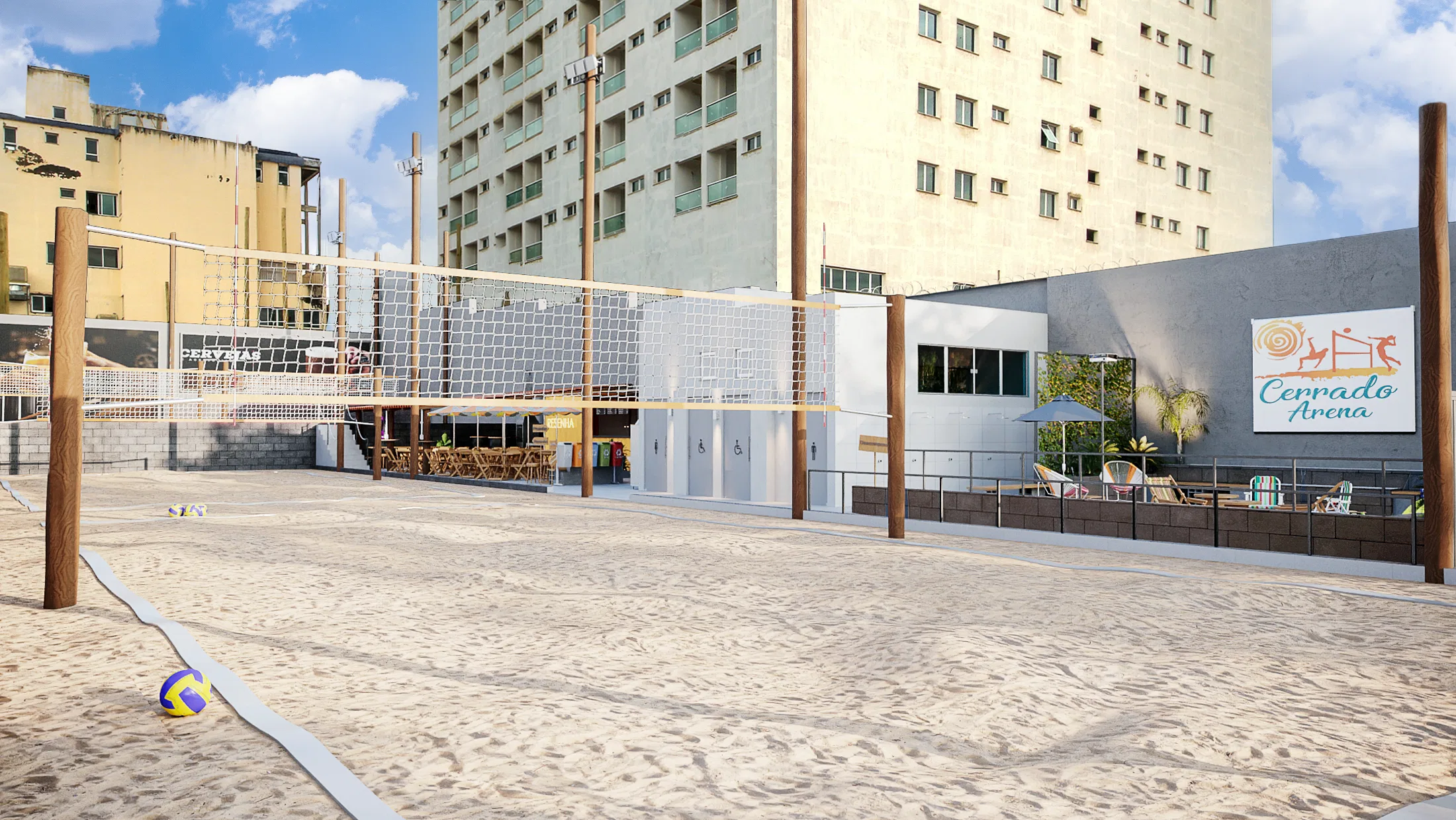 Sand volleyball court with net and ball between apartment buildings, next to a lounge with a parasol and the Cerrado Arena wall logo