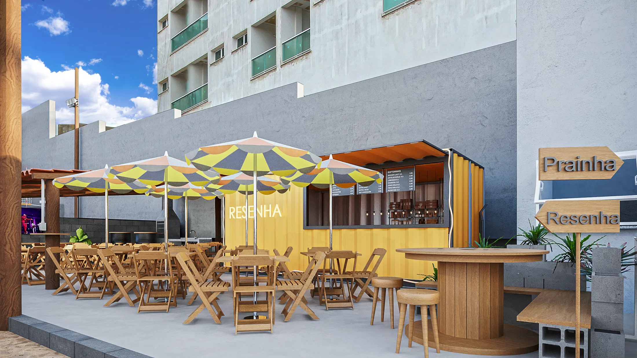Yellow 'Resenha' bar with colorful geometric parasols, wooden folding tables and chairs, a barrel counter and signs pointing to Prainha and Resenha