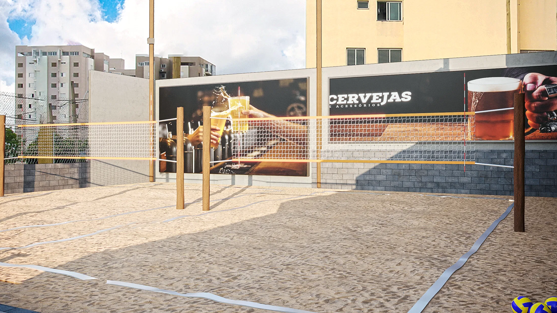 A second sand volleyball court with net, backed by large beer advertising panels, with residential buildings behind under a cloudy sky