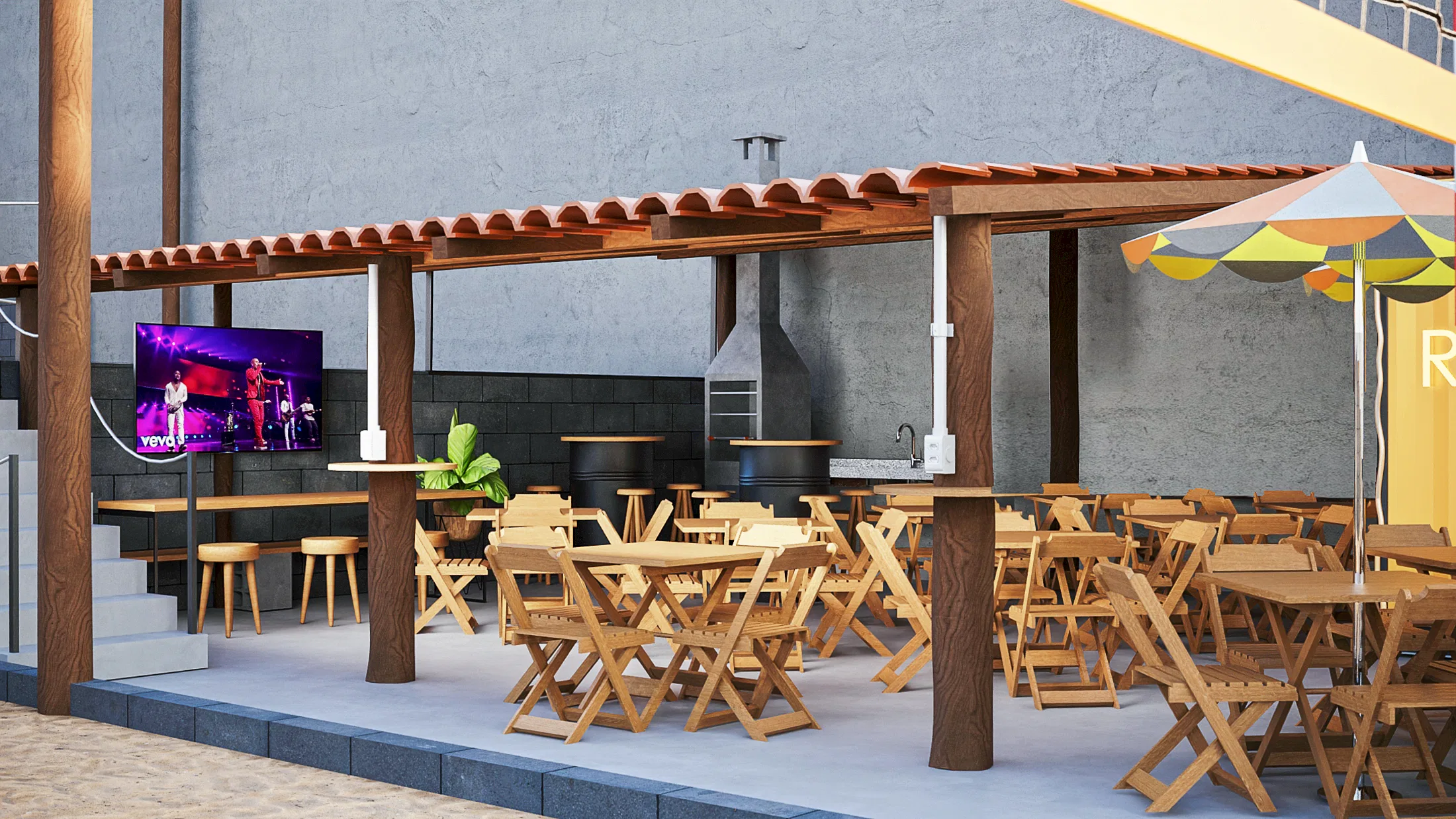 Area covered by a terracotta-tiled pergola on wooden columns, with folding tables, stools, a masonry barbecue and a TV showing a live concert