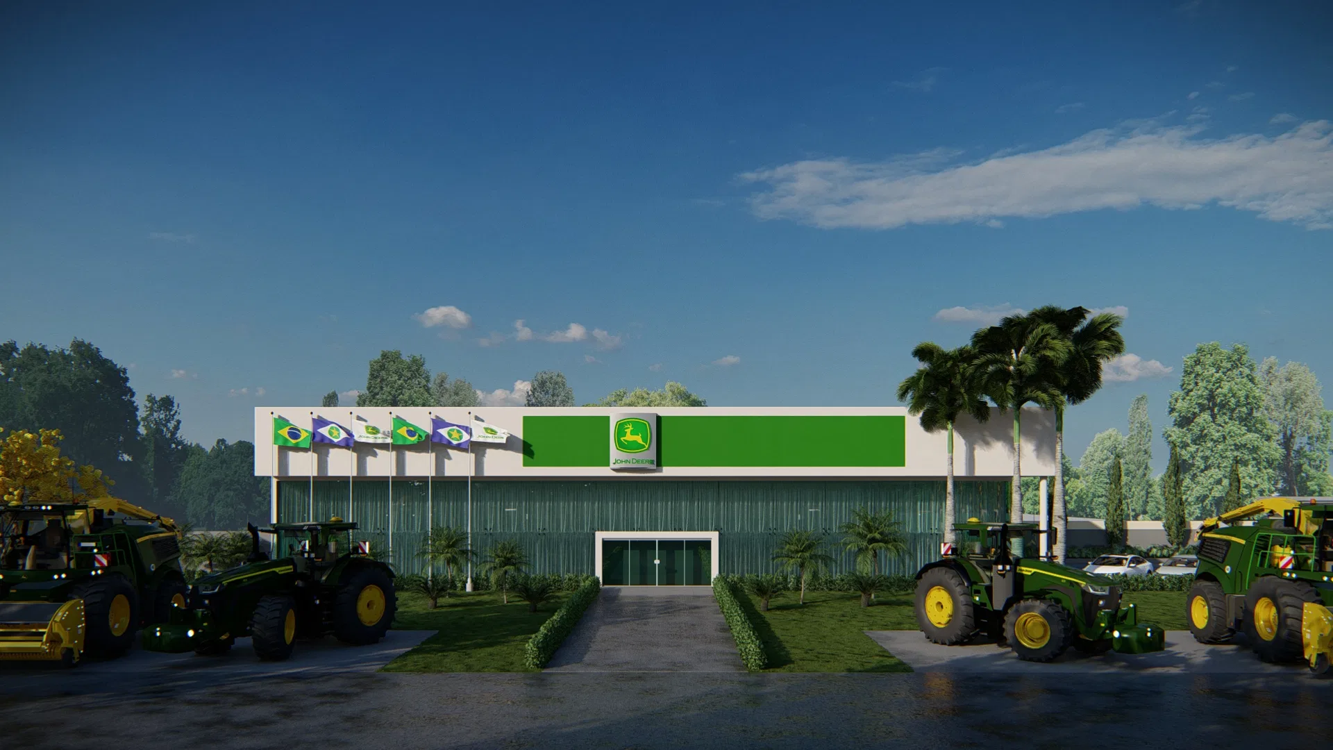 Commercial building facade with a green fascia and John Deere logo, Brazilian flags, palm trees and tractors parked on both sides