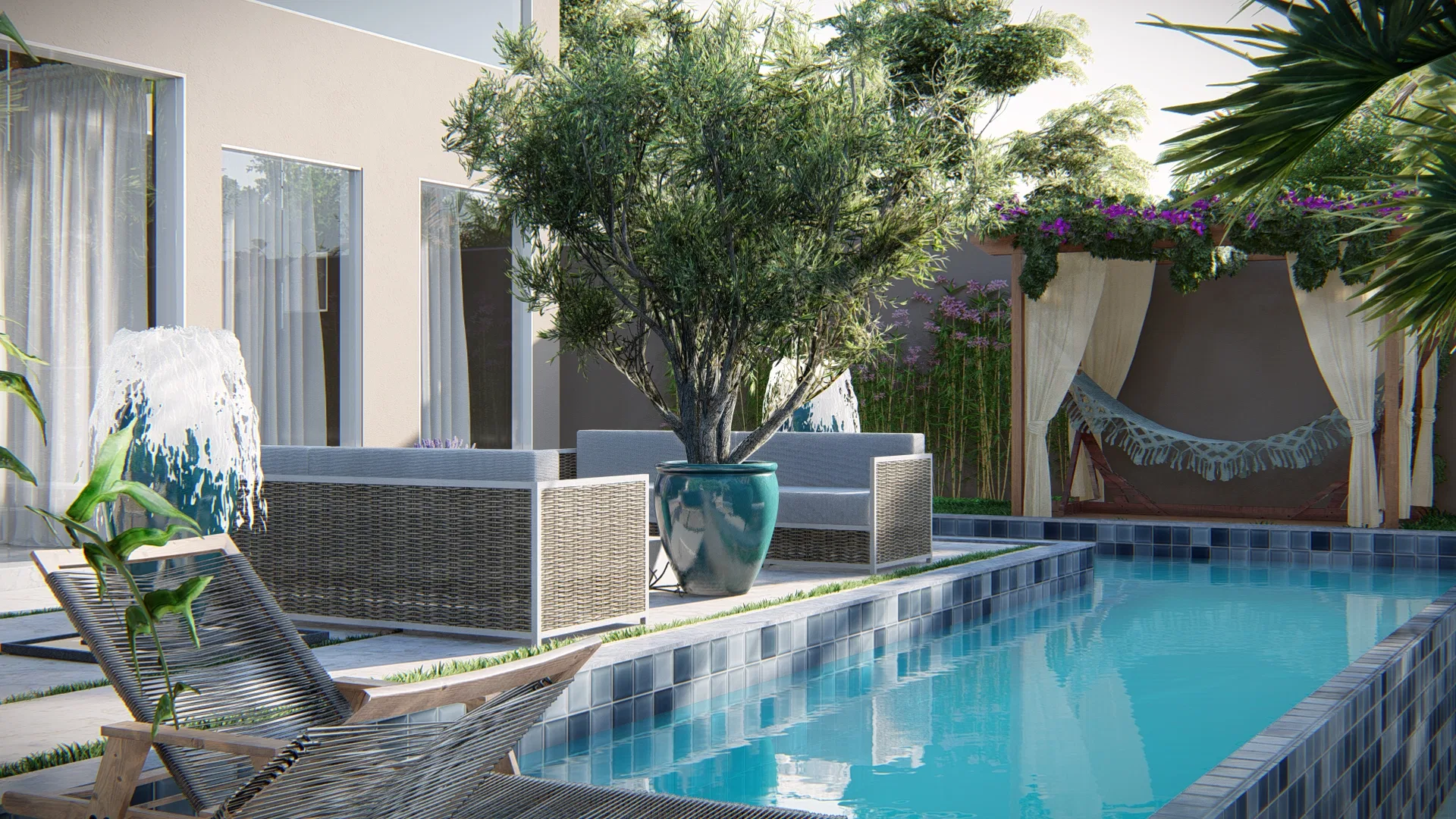 Mosaic-tiled pool beside a rattan sofa set, an olive tree in a glazed blue urn and a curtained hammock nook under greenery