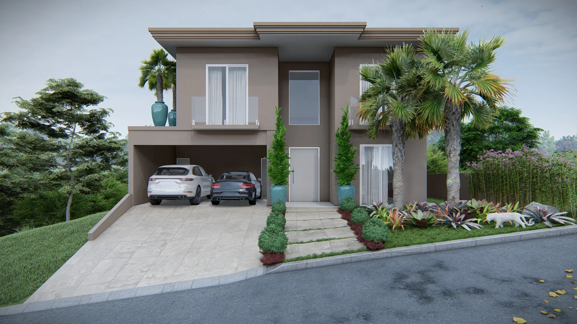 Two-storey house facade in taupe render with a covered carport, tall palms and a layered tropical garden along the entrance path