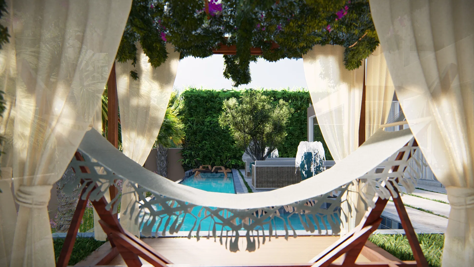 Fringed fabric hammock framed by billowing white curtains, opening onto the pool, a clipped green hedge and an olive tree beyond
