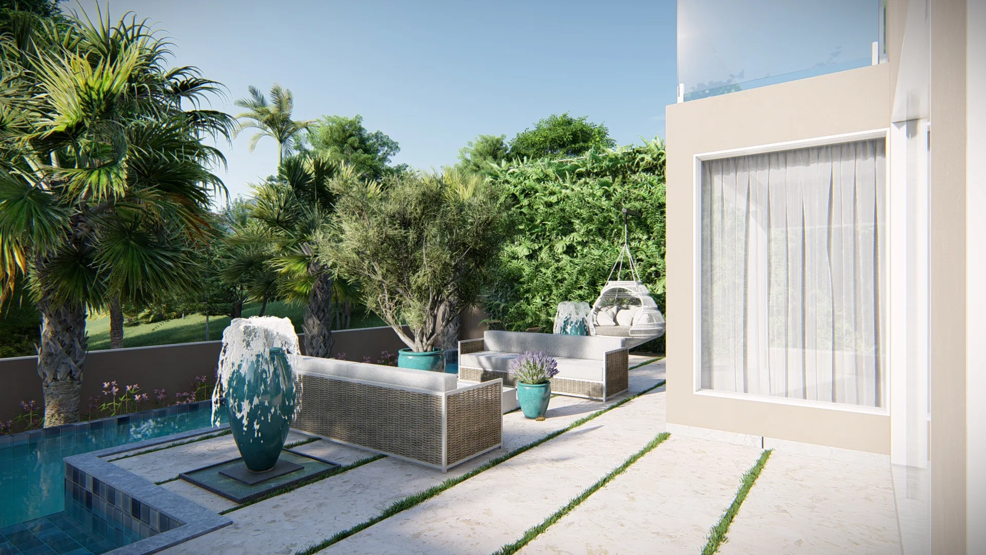 Side garden with a rattan sofa set, a bubbling blue urn fountain, palms and a woven hanging chair set against a tall green hedge