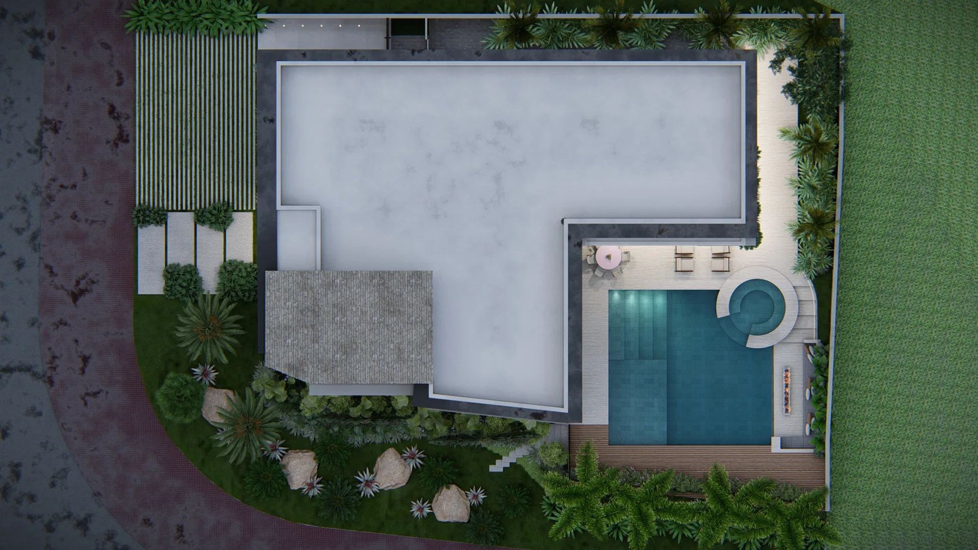 Aerial view of the plot showing the flat roof, the pool with a round spa, the wooden deck, planted beds with palms and boulders and the brick driveway.