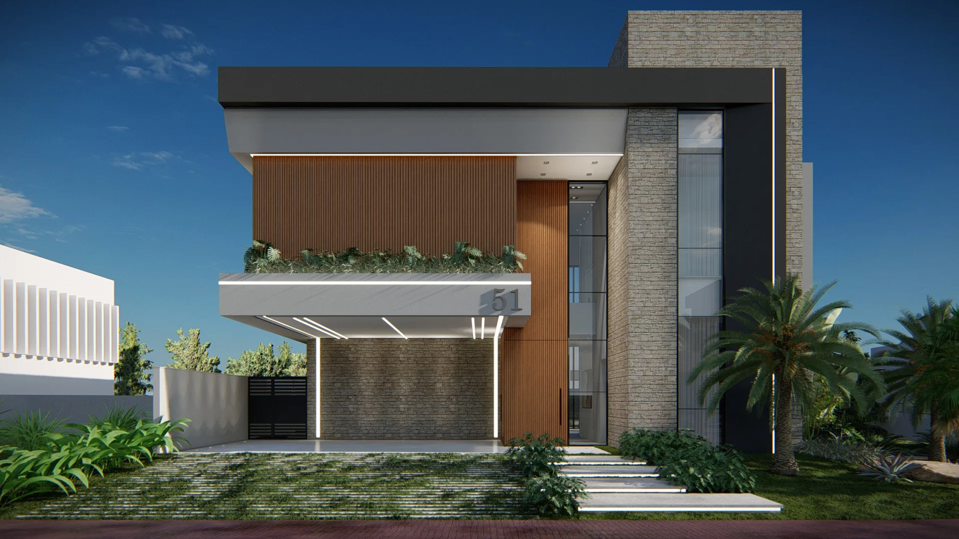 Front facade of the home with vertical wood-slat cladding, a stone volume, an entrance canopy holding a trailing planter and palm trees on the right.
