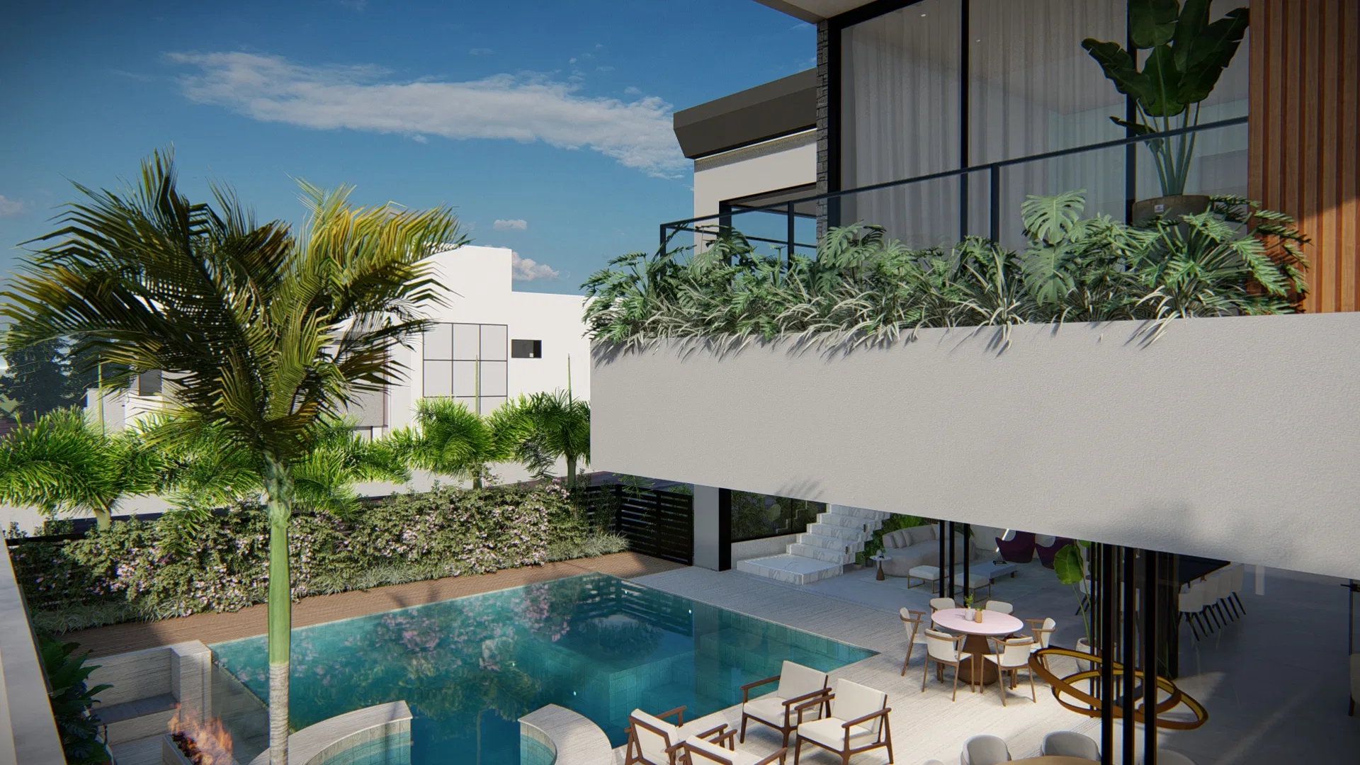 Pool area at the rear of the modern house, with a terrace of wooden armchairs, a round table, a raised planter of greenery and a tall palm alongside.