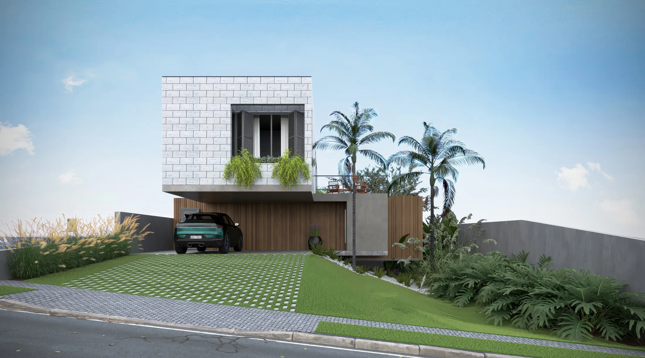 Contemporary house front with a white-brick upper volume over a wood-slatted garage, a grass-and-paver driveway and palms