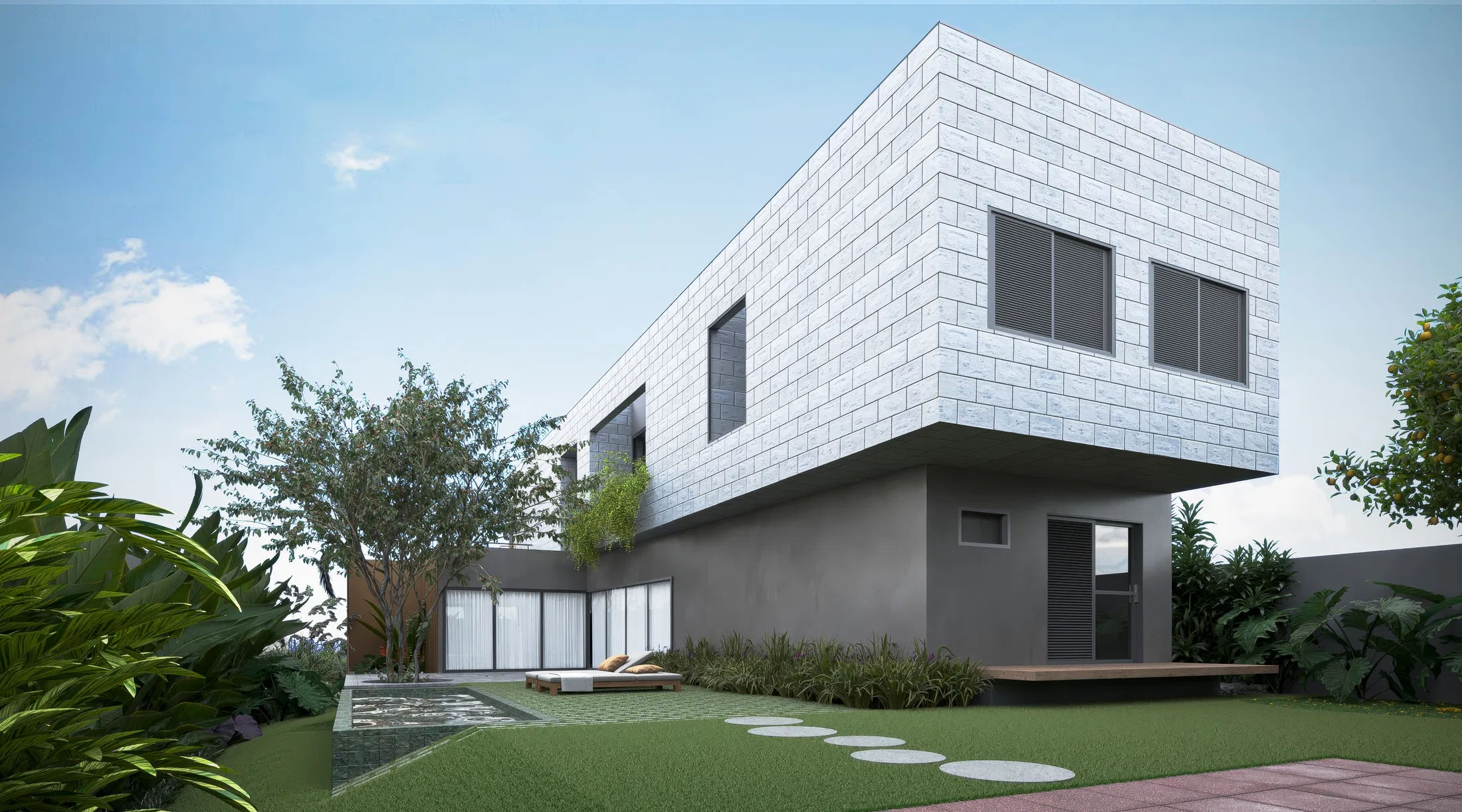 White-brick upper volume cantilevered over a gray base, with a garden tree, daybeds and round stepping stones on the lawn