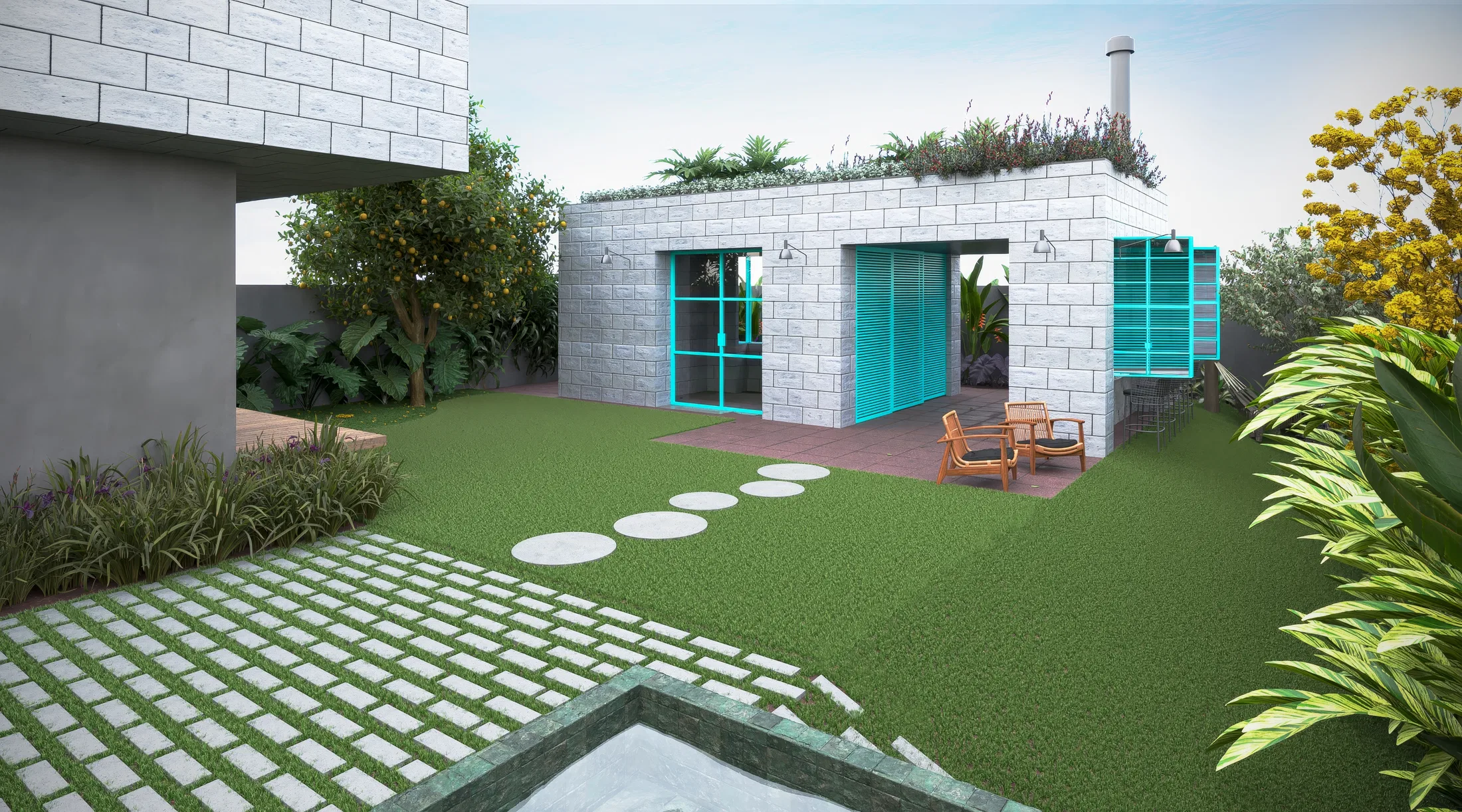 White-brick gourmet structure with turquoise doors and a planted green roof, wooden chairs and round stepping stones across the lawn