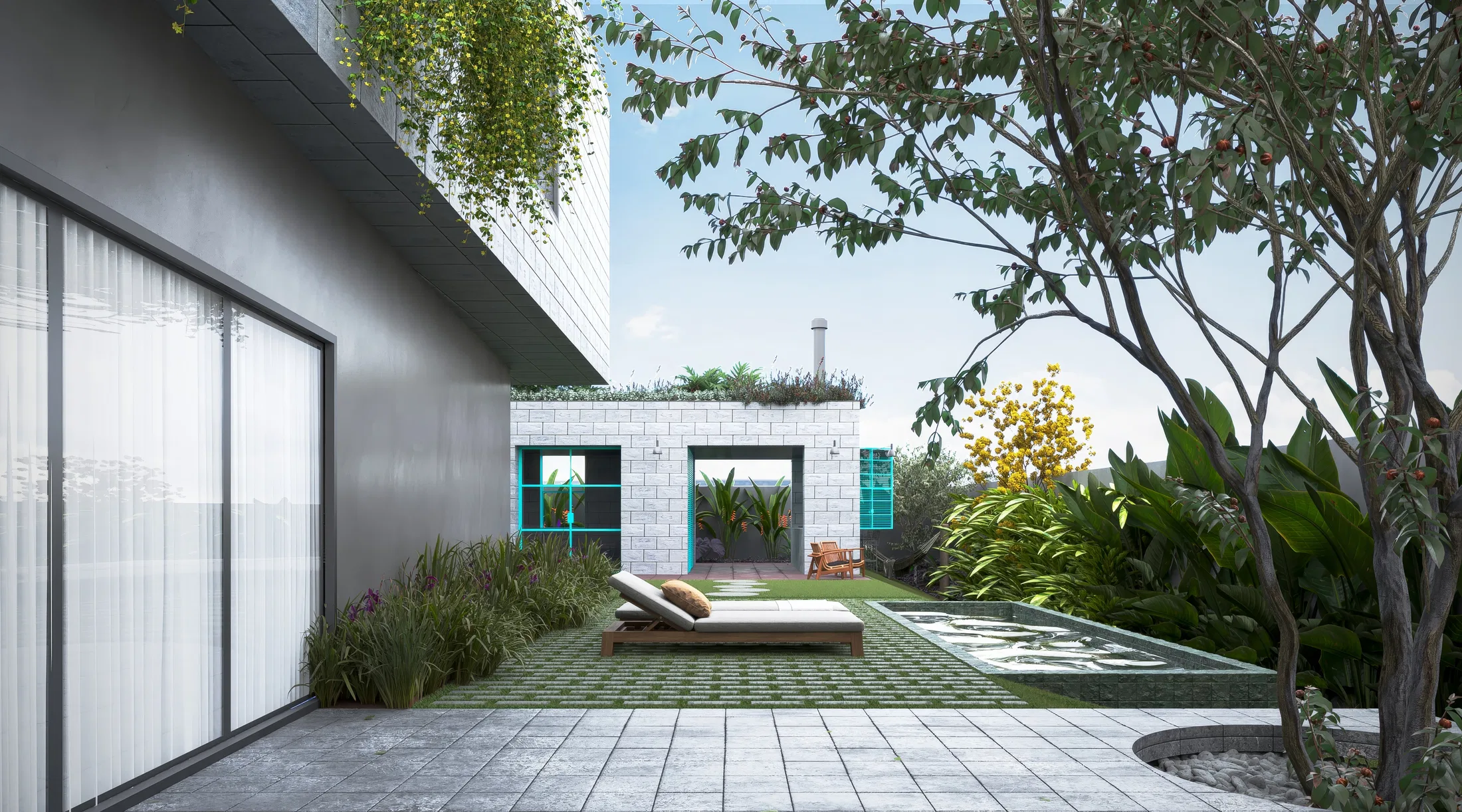 Stone terrace with a daybed on grass, a white-brick garden structure with turquoise doors and a shade tree alongside