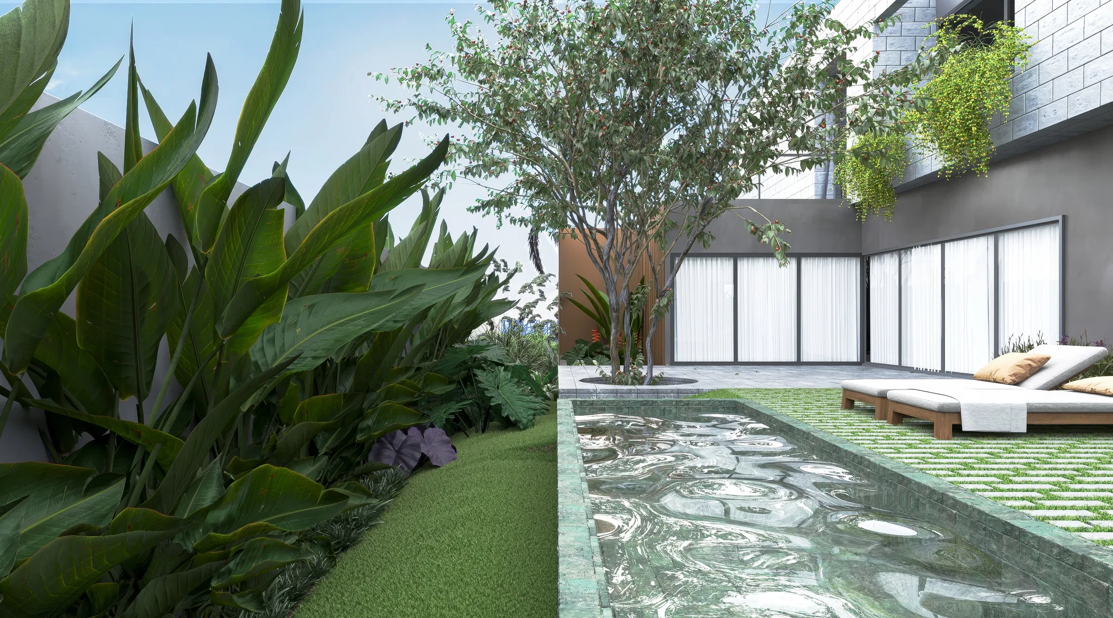 Inner courtyard with a green-tiled reflecting pool, tropical foliage, a central tree and a daybed on grass beside glass doors