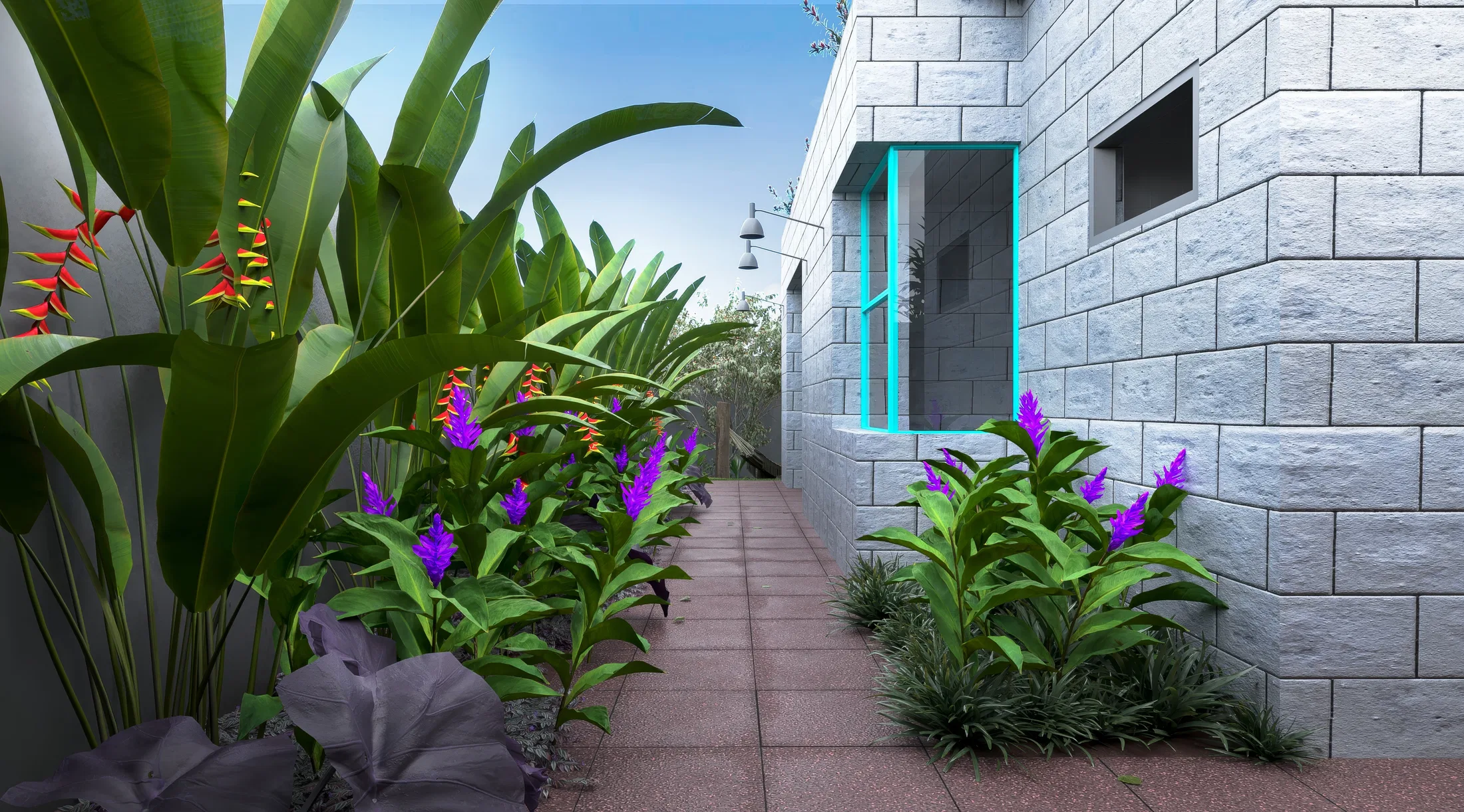 Side passage with a red-tiled path between block walls, a bed of heliconias and purple-flowered plants and an outdoor shower