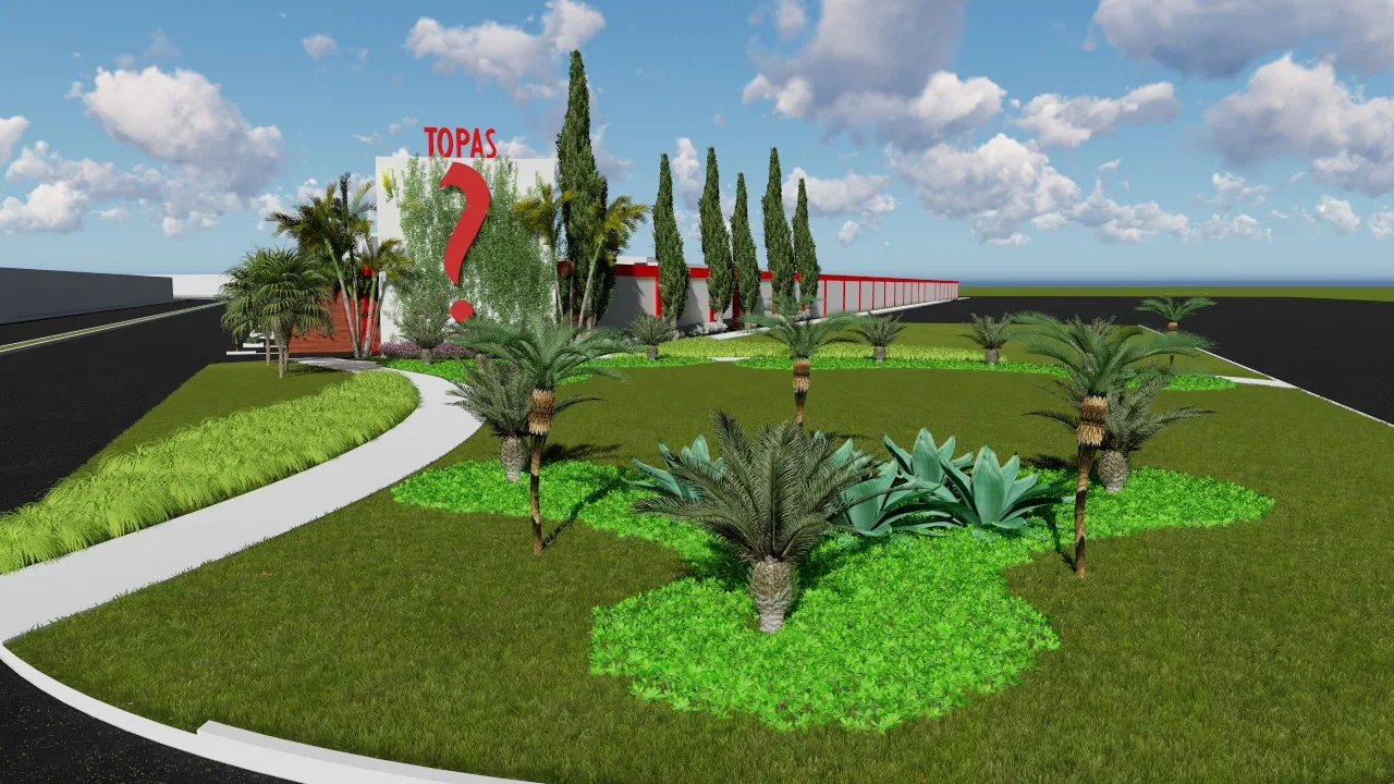 White facade with the red Topas logo and question mark, fronting a landscaped island of palms, agaves and a curved walkway.