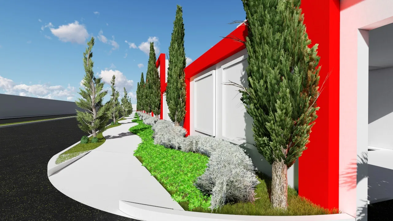Narrow garden hugging the red facade, with cypresses, green groundcover and silvery shrubs along a curved white walkway.