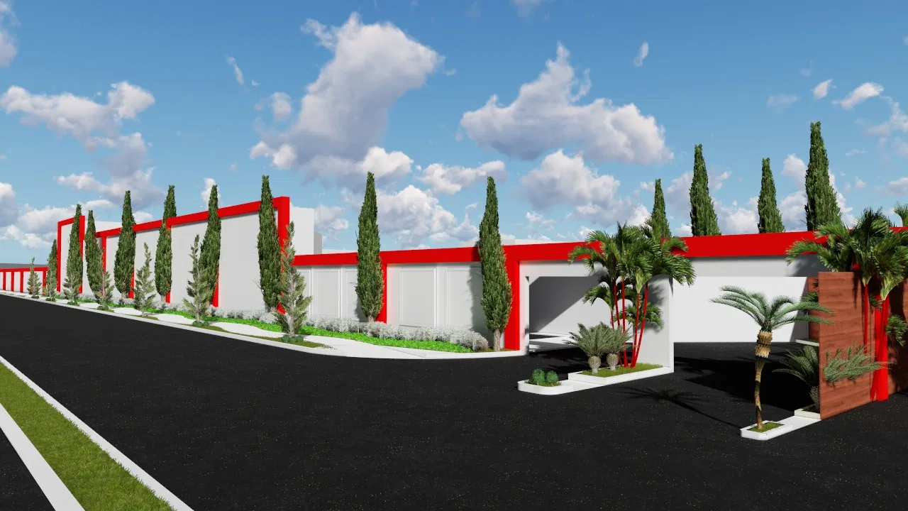 Side of the white building with its red band, a row of cypresses and palms by the gate, facing the paved street.
