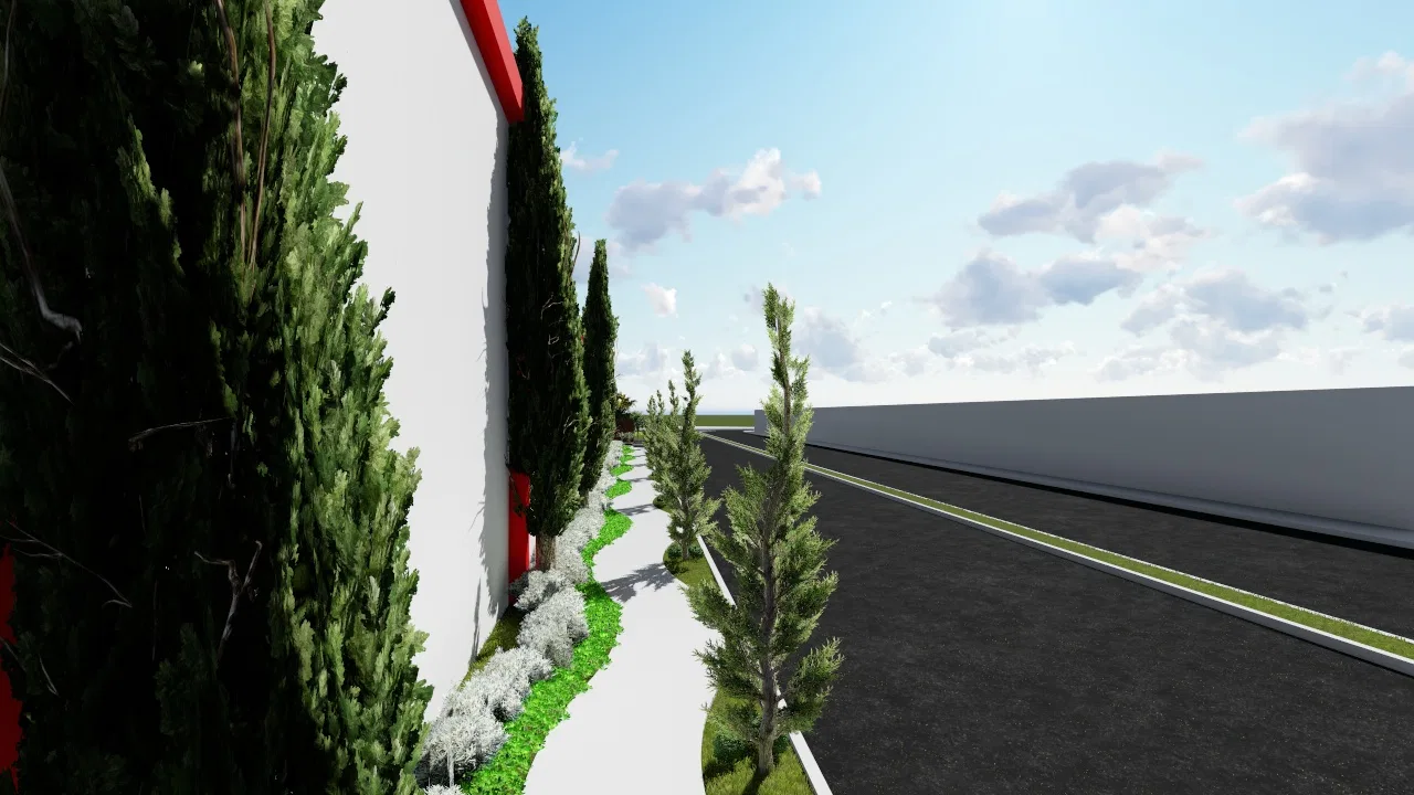 Side corridor with dense cypresses against the white wall, white flowering shrubs and a slim path edging the paved road.