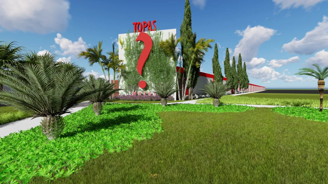 White sign panel with the Topas name and red question mark, framed by cypresses and palms over sunlit green beds.