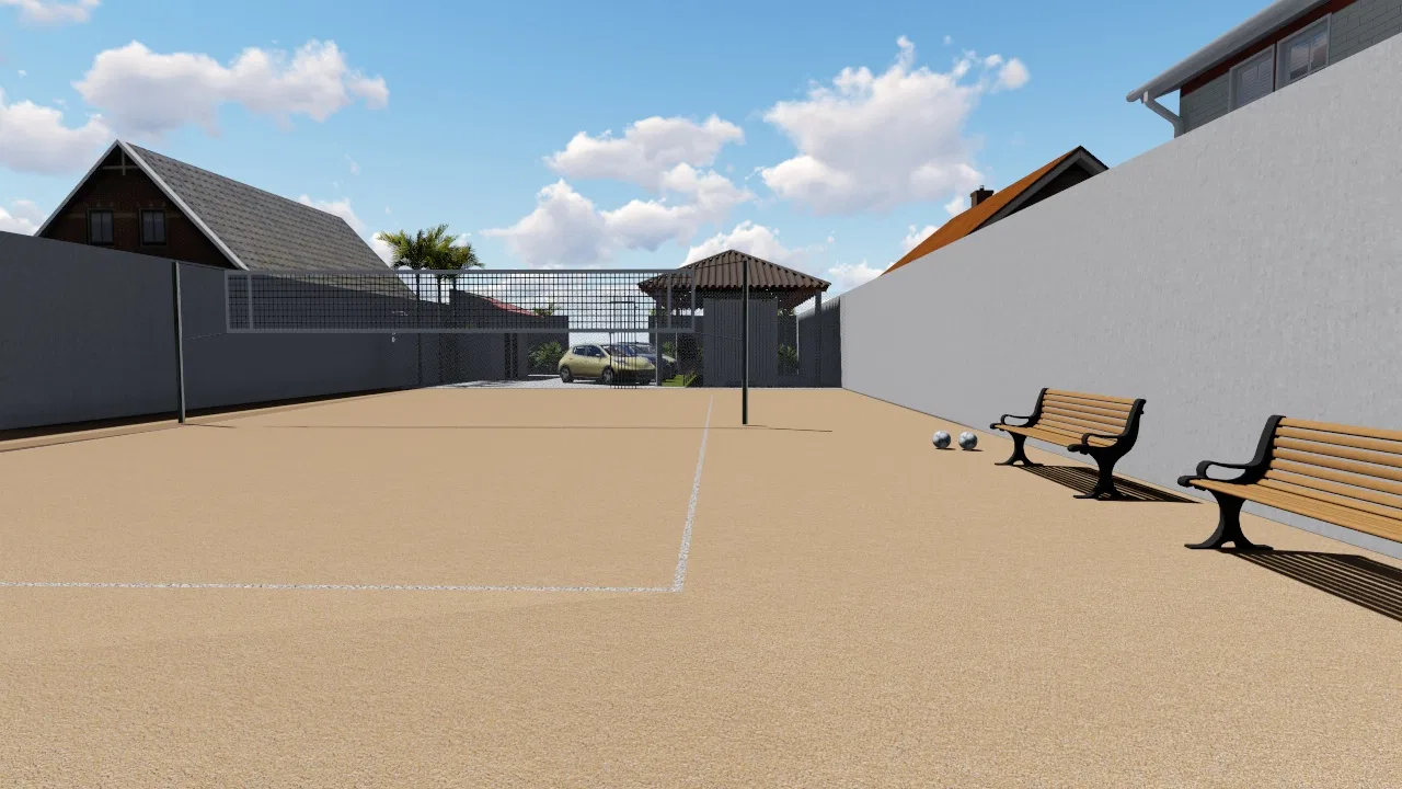 Wide view of the sand court with net, a roofed gazebo at the centre, wooden benches at right and a ball on the sand.