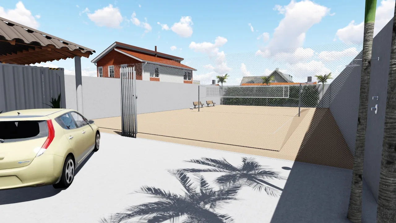 Sand court with a net and access gate, wooden benches and a palm shadow cast across the pale sand.