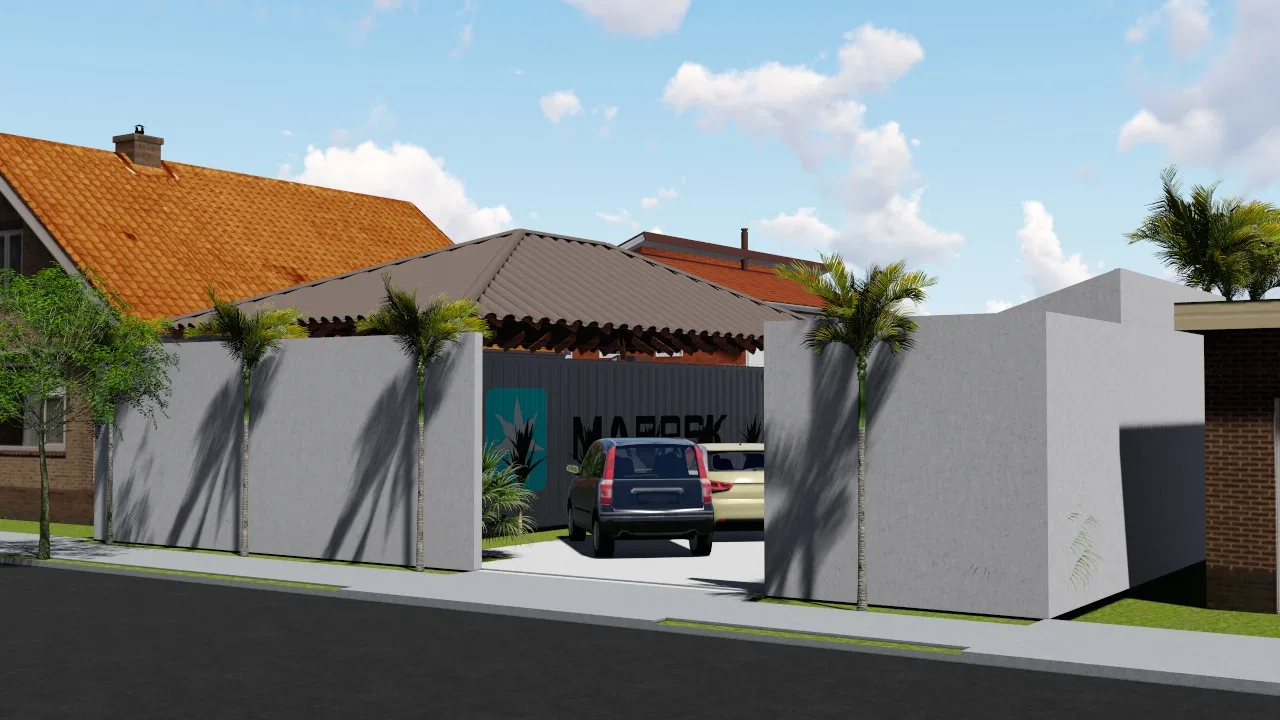 Condominium access with a ceramic-tile pergola over parked cars, grey walls and palms under a blue sky.
