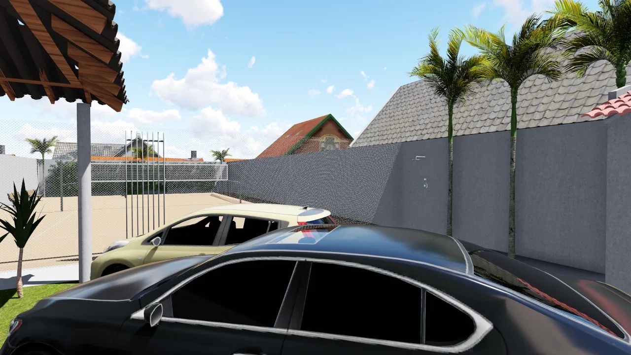 Elevated view over the parked cars, a mesh gate, palms hugging the wall and neighbouring rooftops beyond.