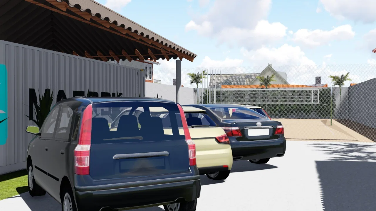 Covered car park with three cars side by side, a dark container to the left and a mesh gate at the back.
