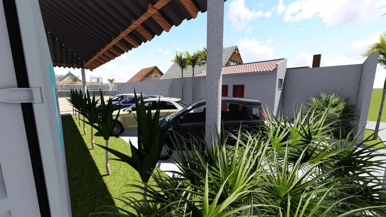 View from the pergola over the garden, with agaves and young palms, lawn, parked cars and grey walls all around.