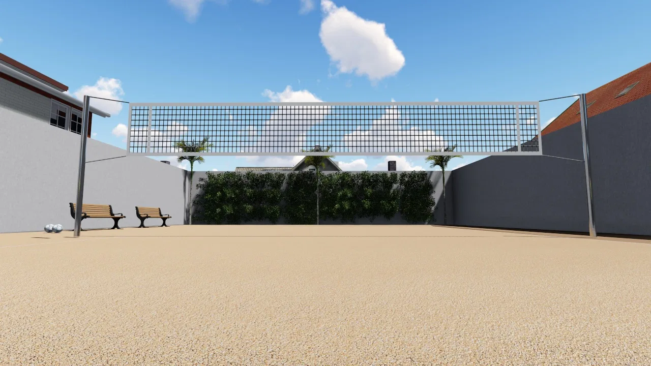 Sand court seen from the baseline, an official net, wooden benches and a green planted wall behind between grey walls.