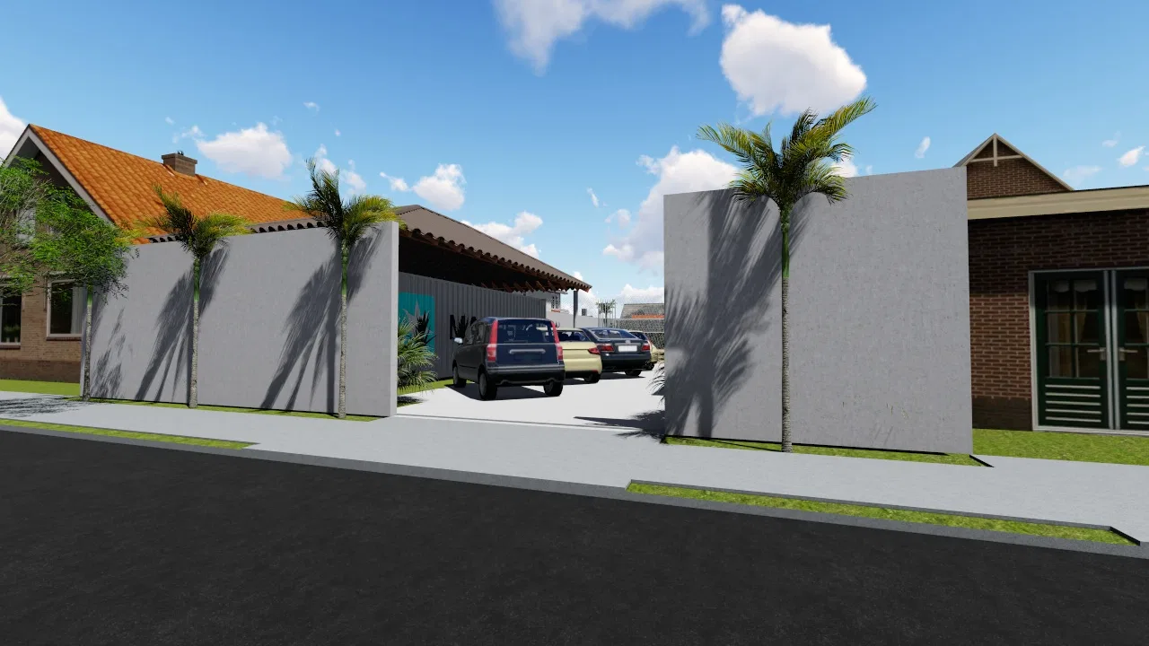Vehicle entrance between precast concrete walls, a palm alongside and a pergola-covered car park visible at the rear.