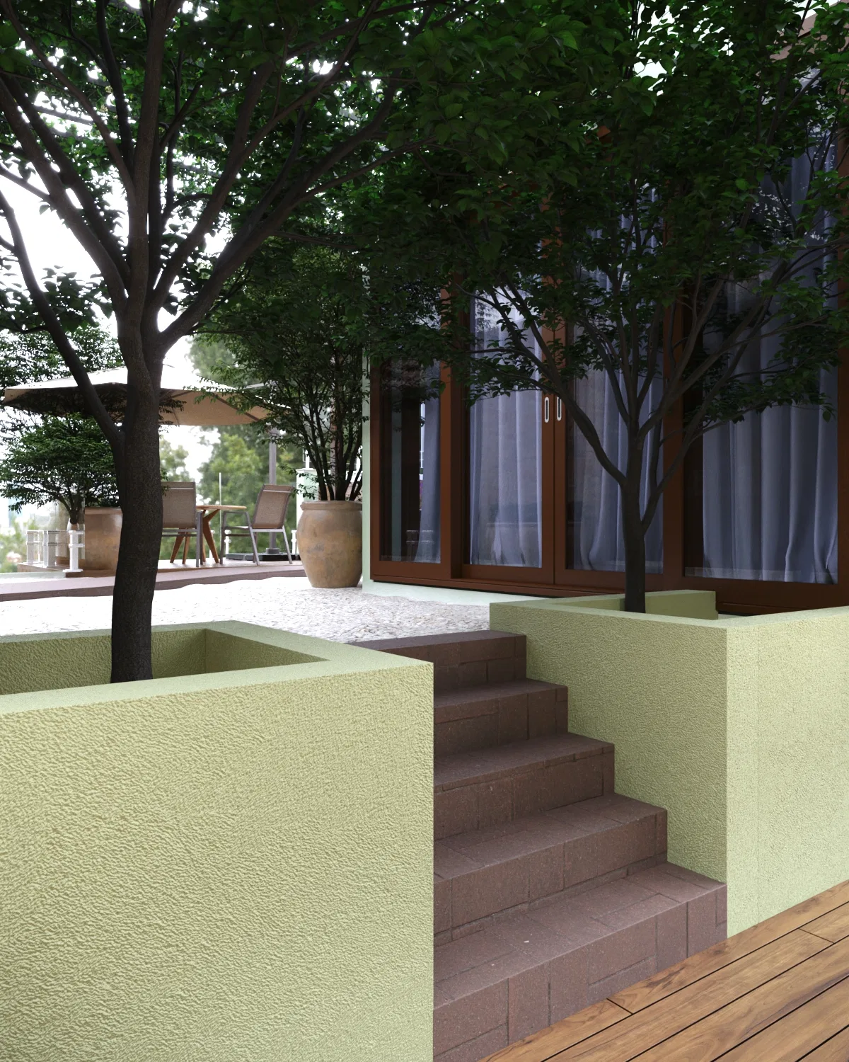 Architectural visualization of Rooftop Terrace with Timber Pergola, White Pebbles and Mountain View — GRON 3D