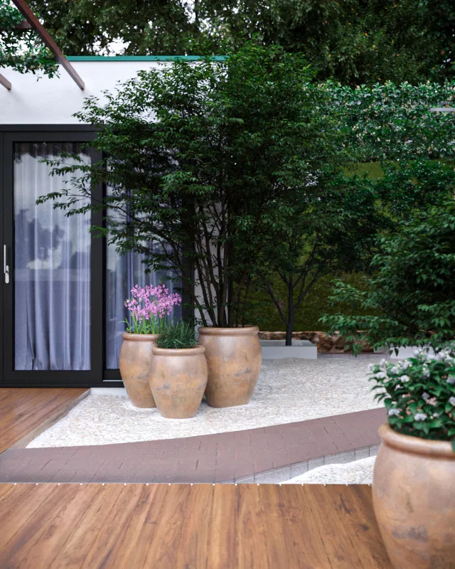 Architectural visualization of Rooftop Terrace with Timber Pergola, White Pebbles and Mountain View — GRON 3D