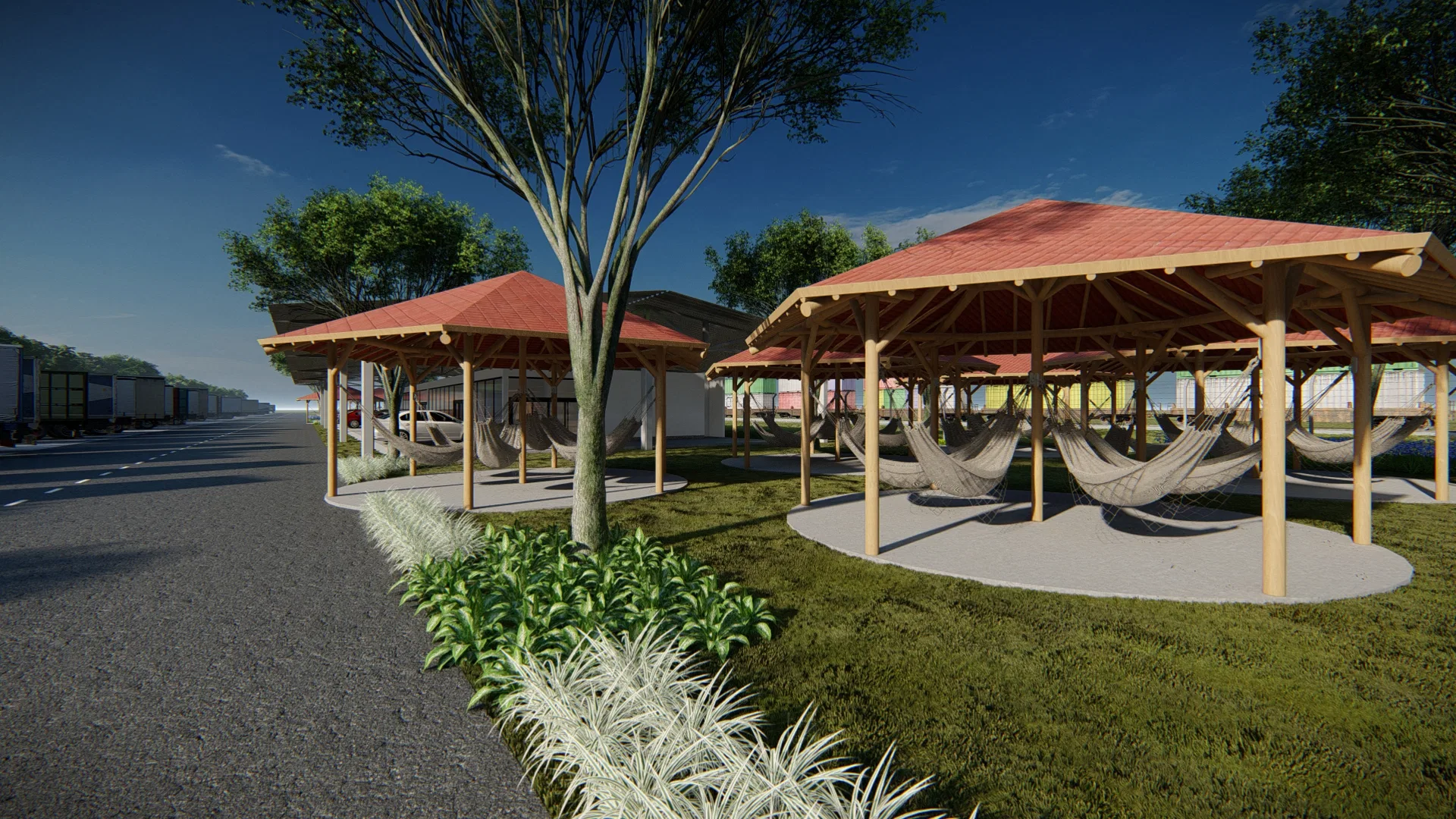 Rest area with two timber shelters under red-tiled roofs, hammocks slung in the shade and planting beds beside the yard