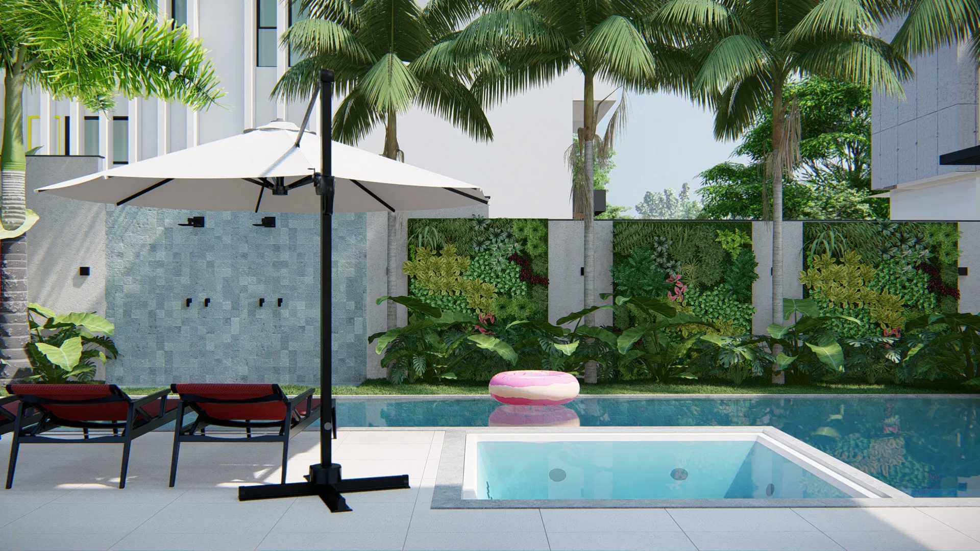 Pool deck with a built-in spa, red loungers under an umbrella and a vertical-garden panel behind