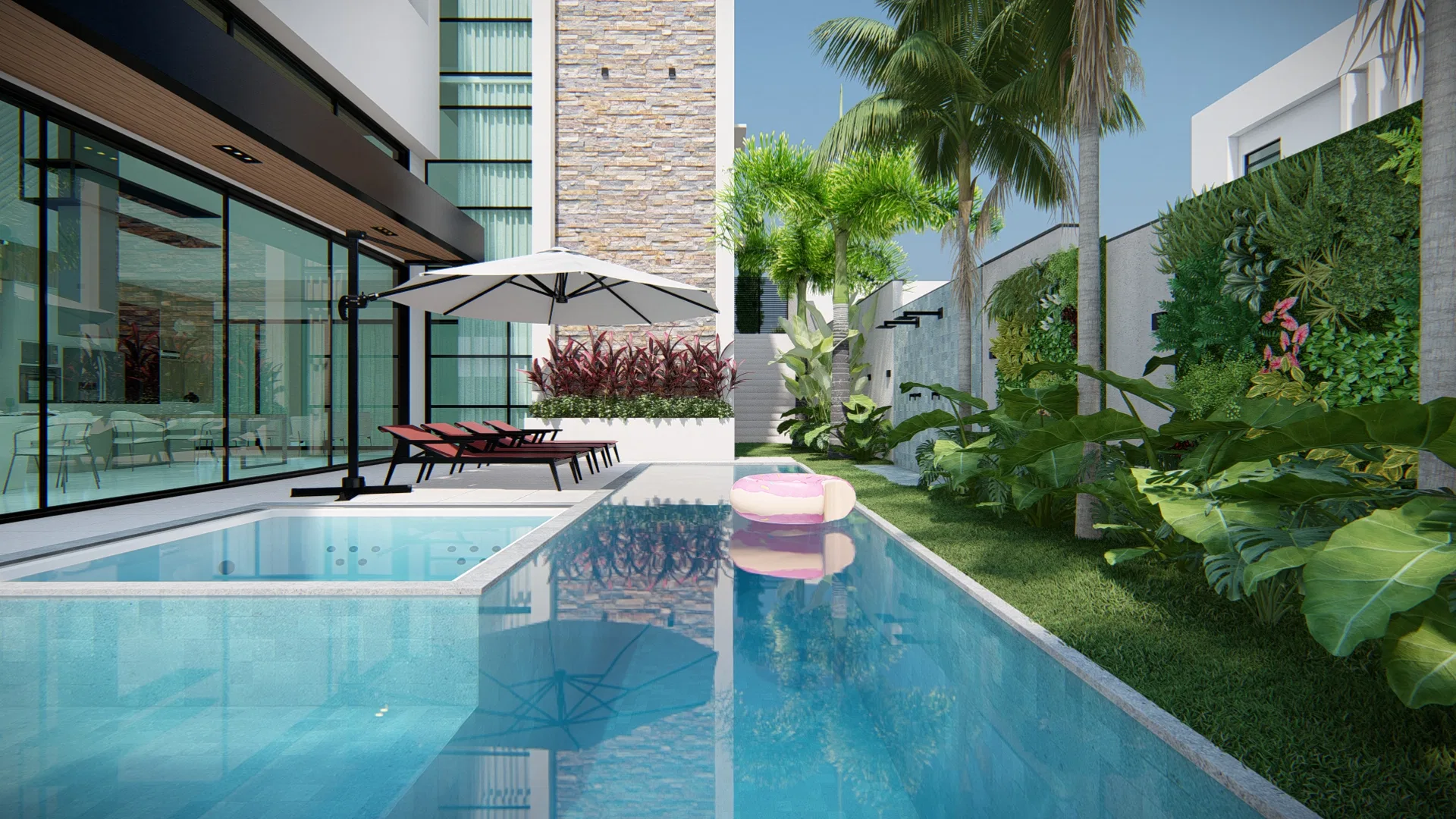 Long pool reflecting the glass facade, loungers to the left and a dense tropical garden to the right