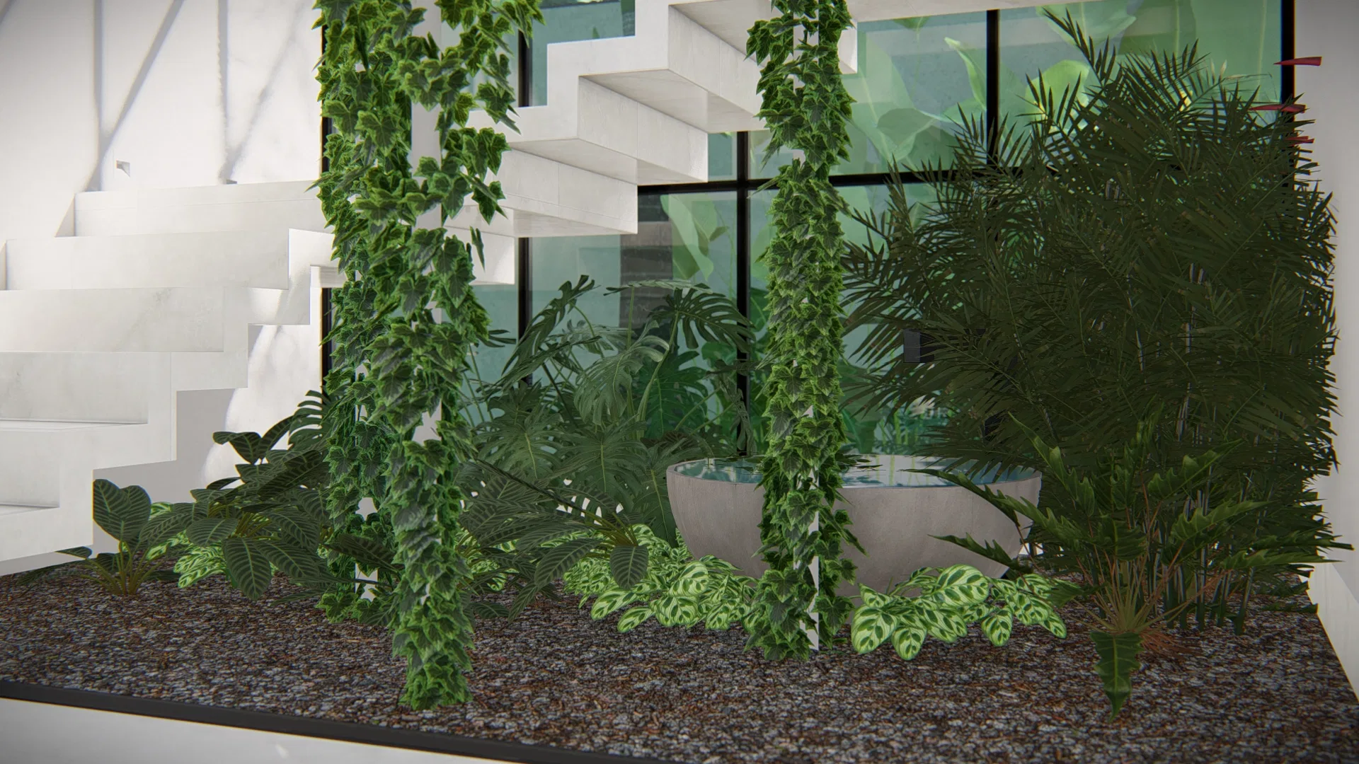 Winter garden beneath a concrete stair, with climbers, monstera, calatheas and a water bowl over a gravel bed