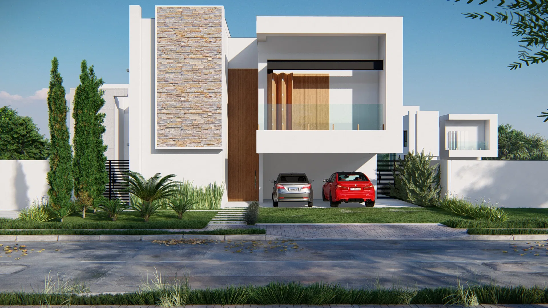 White two-story facade with a stone panel and glazed balcony, two cars in the garage and cypresses in the front garden