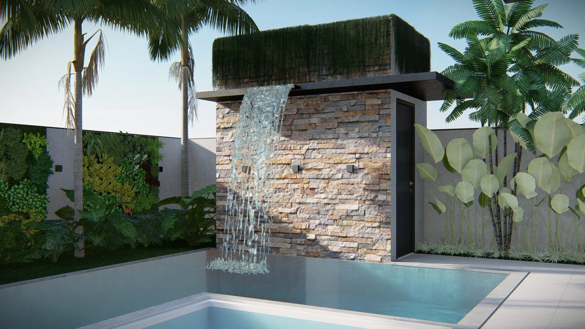 Stone wall with a waterfall spilling into the pool, a grassed top and palms framing the water