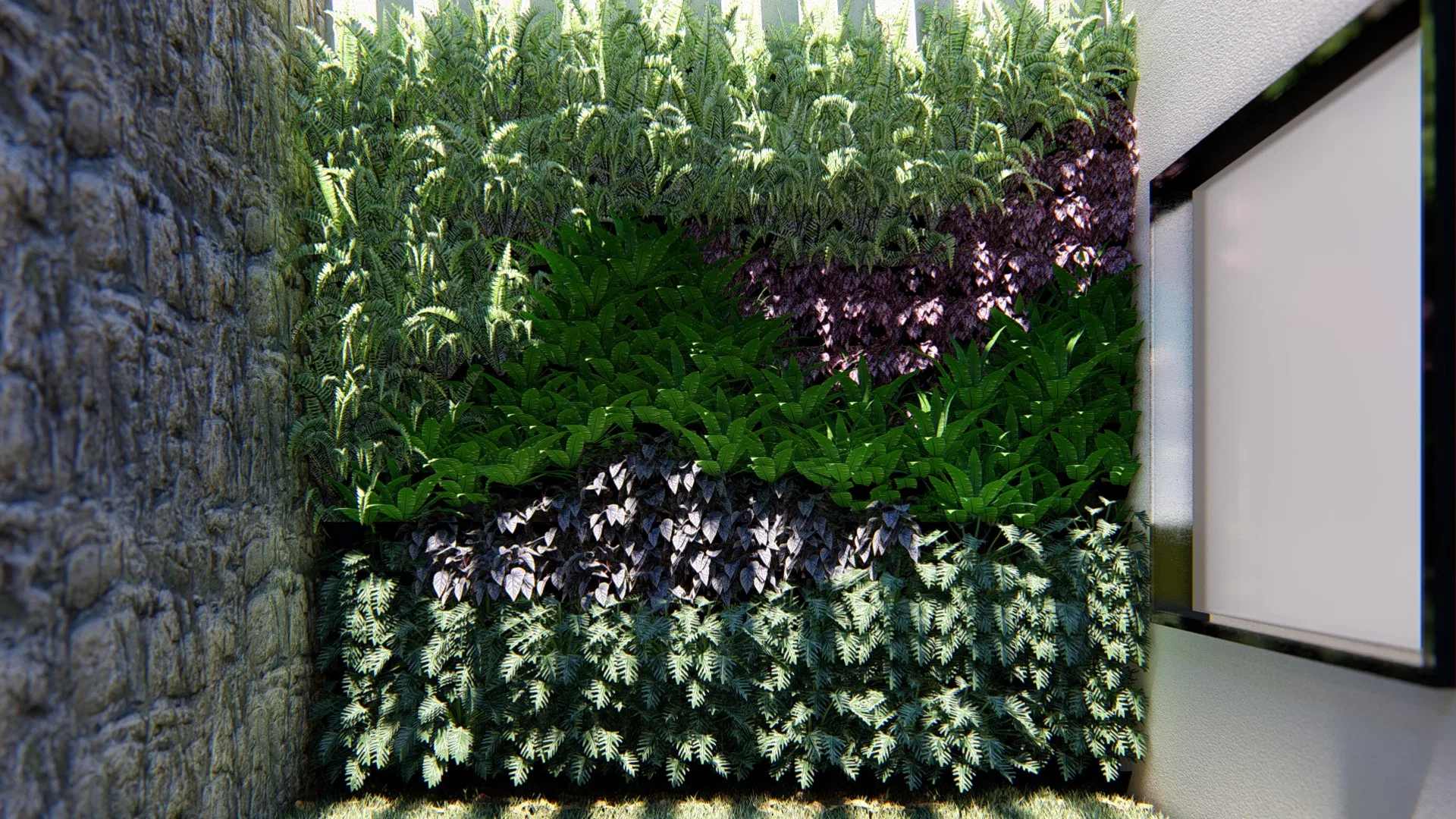 Living wall banded with green, silvery and purple foliage between a rough stone wall and a wood-slat lit frame.