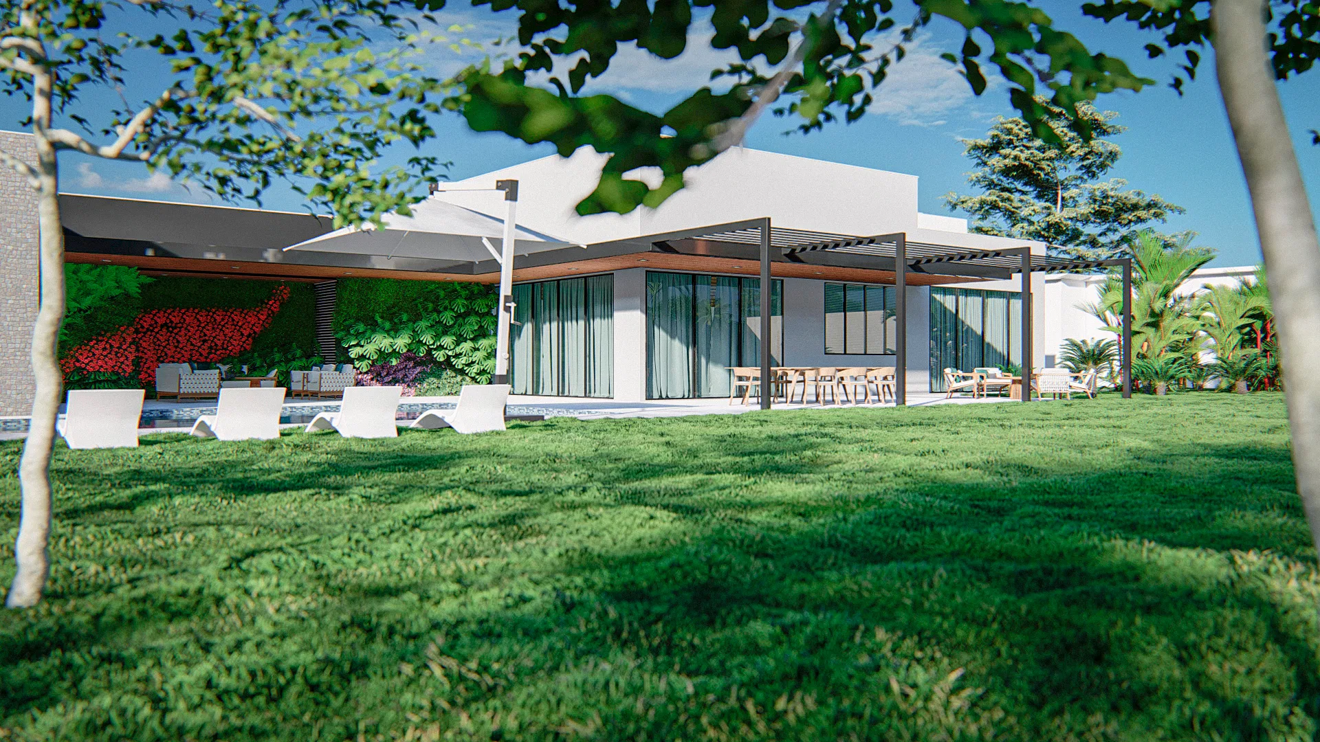 Rear of the house with a flowering vertical garden, loungers by the pool and a dining area under a pergola, facing a wide lawn