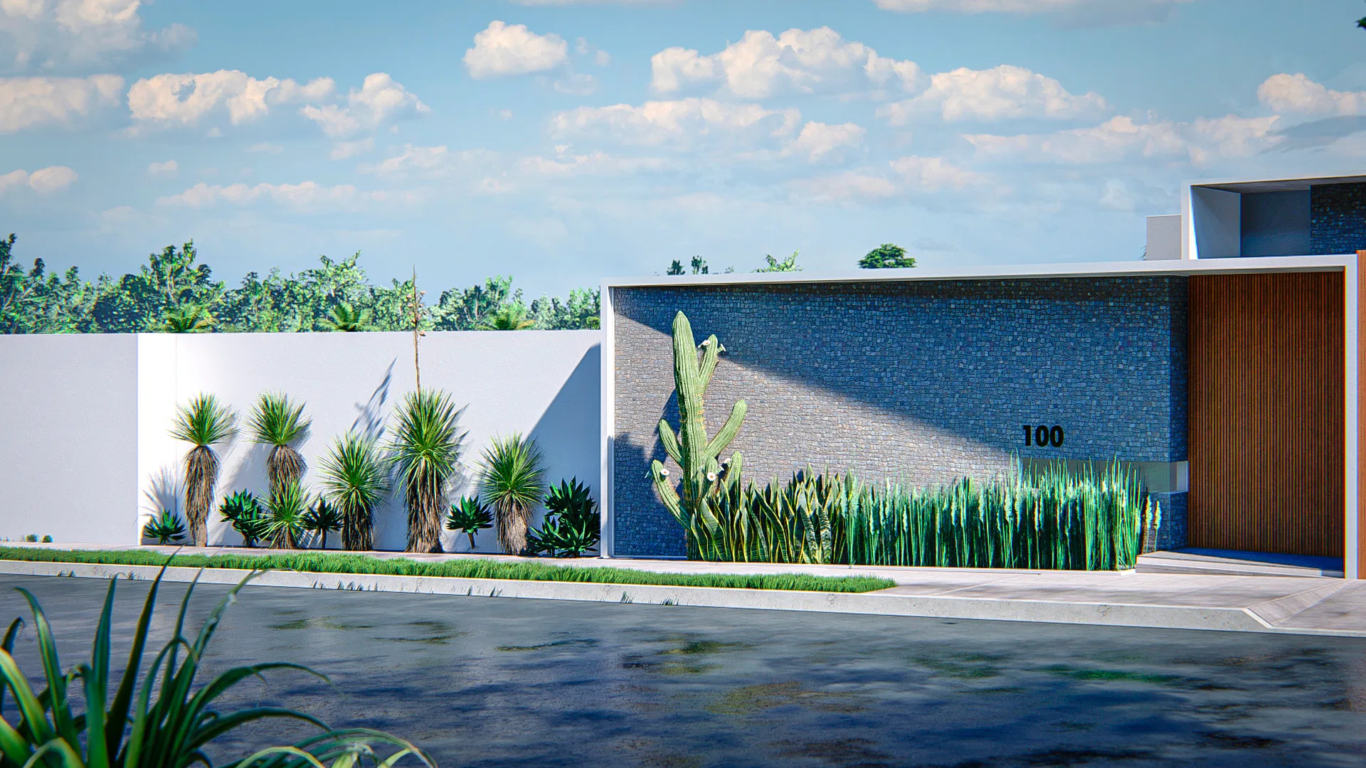 Modern facade with a white wall lined with yuccas, a blue textured wall bearing the number 100 and a wood-slat gate
