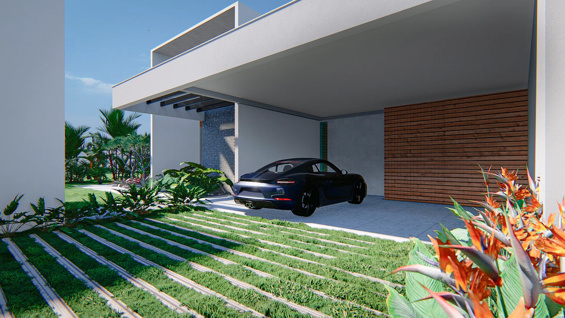 Covered carport under a cantilevered slab with a dark sports car, grass-and-paver strips underfoot and tropical foliage in the foreground